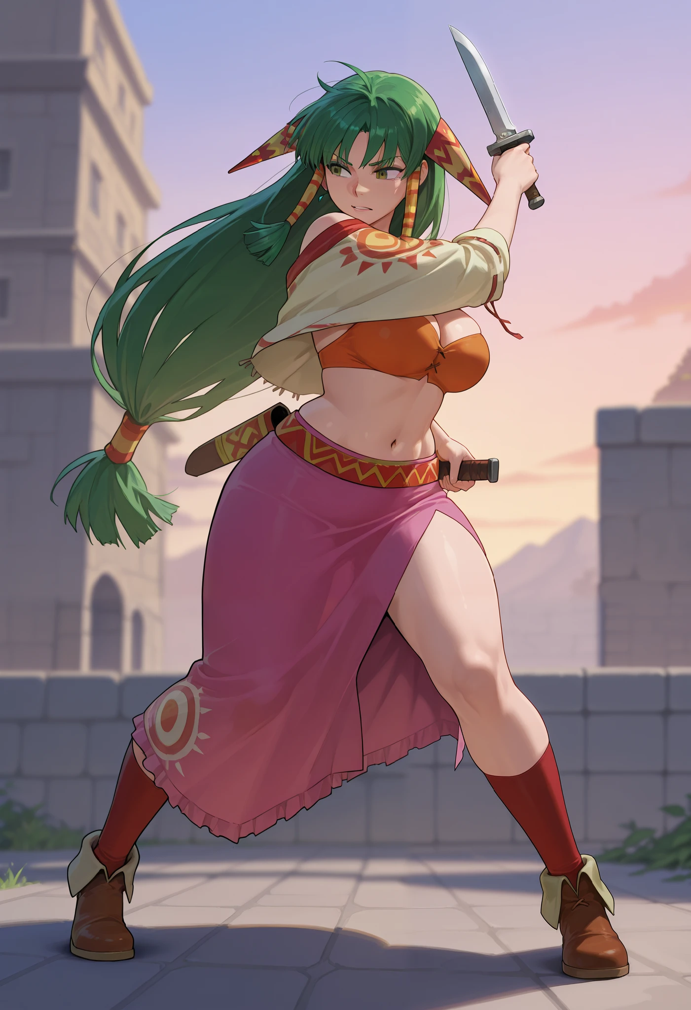 26 yo, face look alike to feena from \(Grandia\), Beautiful Mature young milf, (mature woman with lean perfection abdomen), sweet sweet expression, confident, large natural breasts, Curvy body, (outdoor-holding a jewel-addorned knife with 1hand - ready to fight a pack of wolves in fantasy classic Grandia settings), battle stance, solo, 1girl, BREAK, She wears an orange bra top that leaves her abdomen exposed, paired with a small short pink skirt held up by a thin red belt. Covering her arms is a tan-colored shawl adorned patterns on both sleeves. Her long green hair flows down her back, with some sections tied through two patterned hair accessories. She completes her ensemble with ripped red socks that extend past her knees and brown shoes featuring tribal patterns similar to those on her belt and shawl, official arts, dynamic jrpg view, fantastic fantasy vibrant background, fighting monsters, 