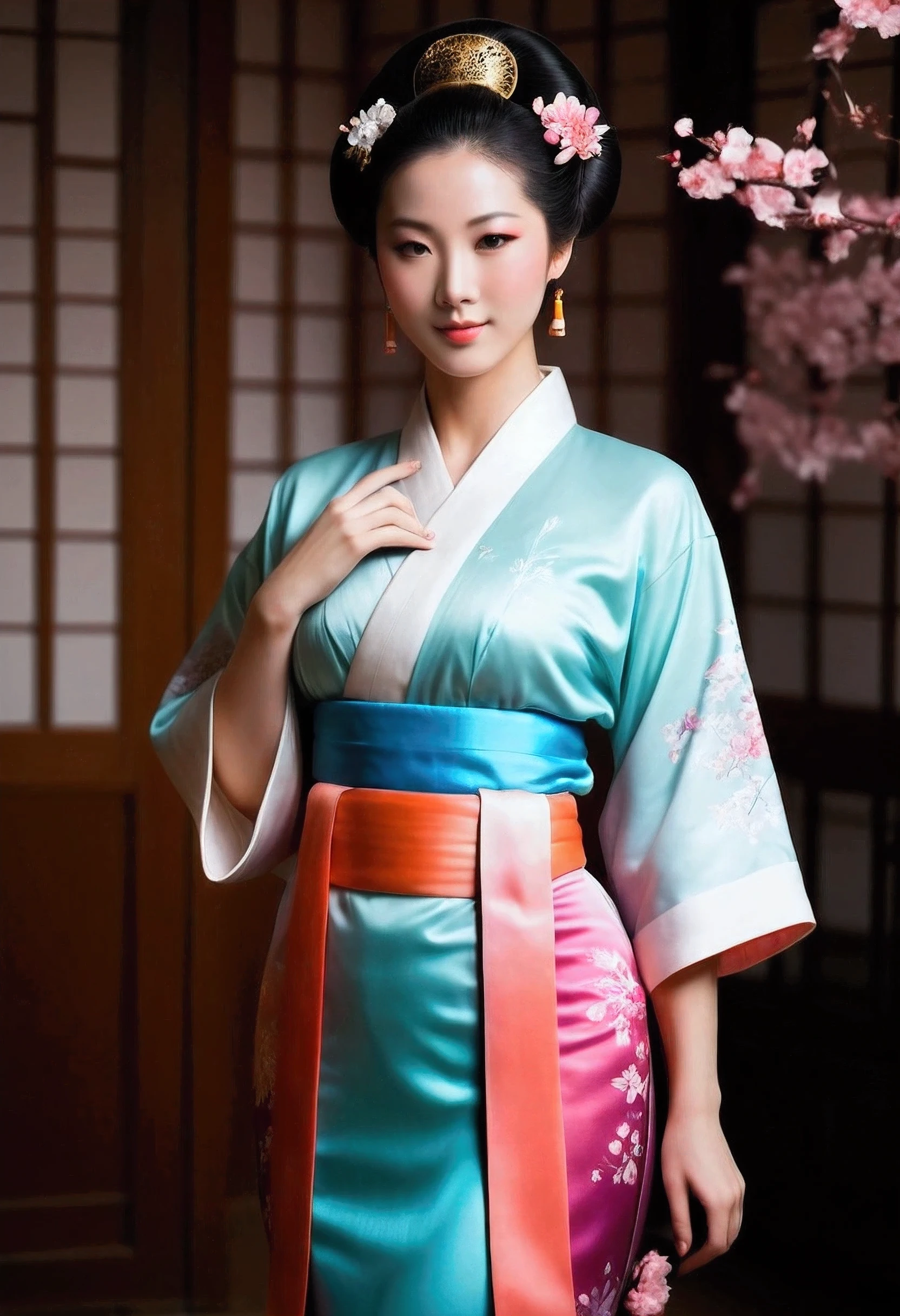 arafed woman in a kimono dress standing in a room, wearing ancient chinese clothes, palace ， a girl in hanfu, hanfu, traditional chinese clothing, with acient chinese clothes, chinese dress, japanese kimono, chinese costume, traditional beauty, ancient chinese princess, japanese clothes, chinese style, traditional japanese colors, wearing kimono, ancient chinese beauties, Create a prompt that captures the essence of ancient Japan through an artist's interpretation. The scene should feature a photorealistic, well-rounded Japanese female character who embodies vivacity and grace, showcasing her in a traditional silk kimono as she smiles gently. Utilize a wide-angle view to emphasize symmetrical image composition, with a cinematic angle that reveals a beautifully designed ancient oriental interior in the background. Employ soft lighting to enhance the ambiance, ensuring that the character’s shiny hair and lifelike features are depicted with precision. Focus on creating central leading lines that guide the viewer's eye through the depth of the scene, while highlighting the intricate details of both the wardrobe and the environment. Please ensure the artwork reflects an immersive ancient Japan theme, enriched by the textures and vibrancy typical of a MajicMix or silkpunk style, without including any inappropriate elements.