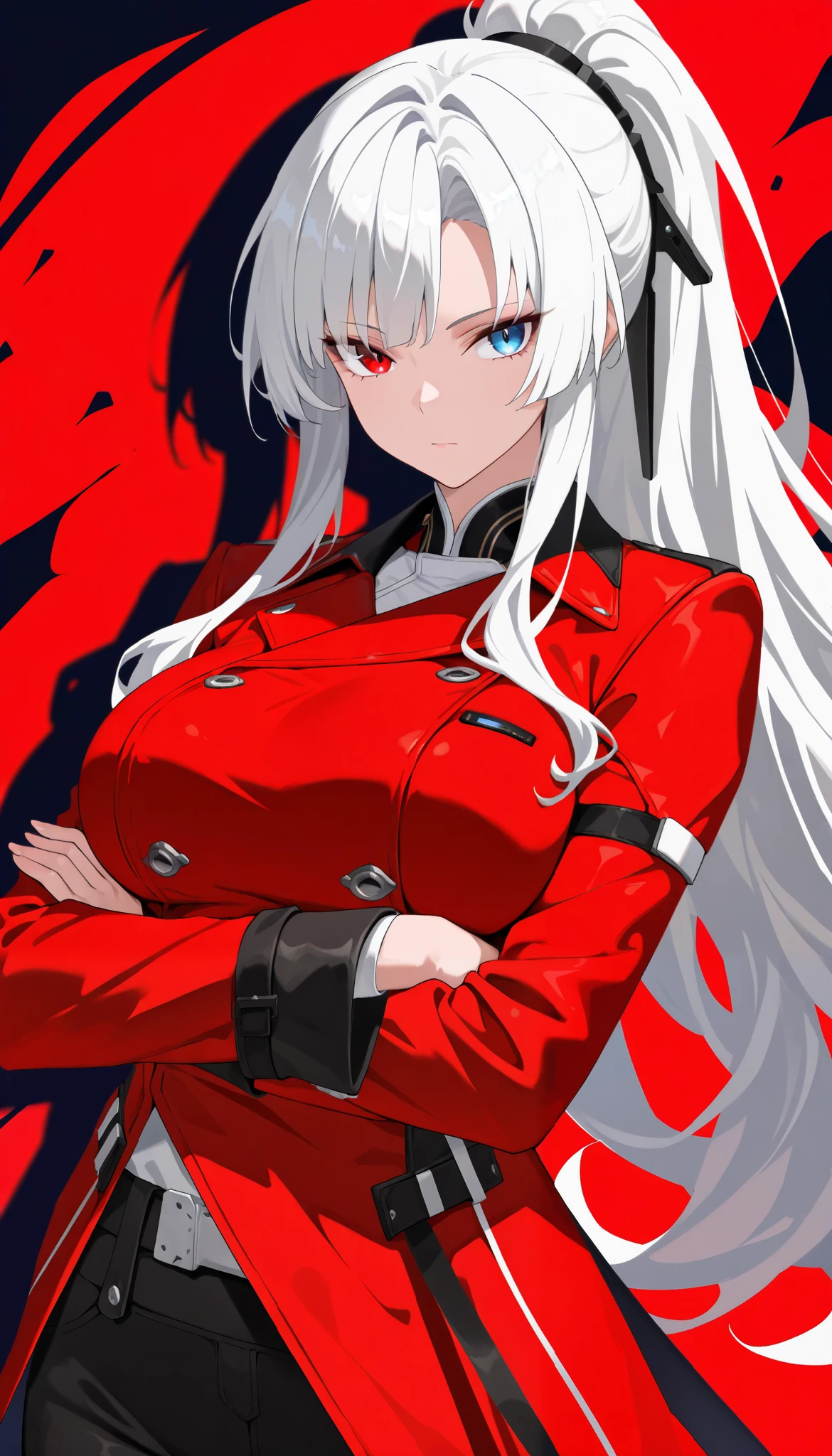 (best quality:1.3), (masterpiece:1.3), (ultra-detailed:1.3), absurdres, 1girl, solo, heterochromia, red_eye, blue_eye, white_hair, bangs, long_sleeves, large_breasts, tall, standing, mature_female, long_hair, black_pants, red_coat, side_bangs, tsurime, ponytail, crossed_arms, no_lineart, abstract_background, upper_body, Japanese, red_background, (dynamic angle:1.2)