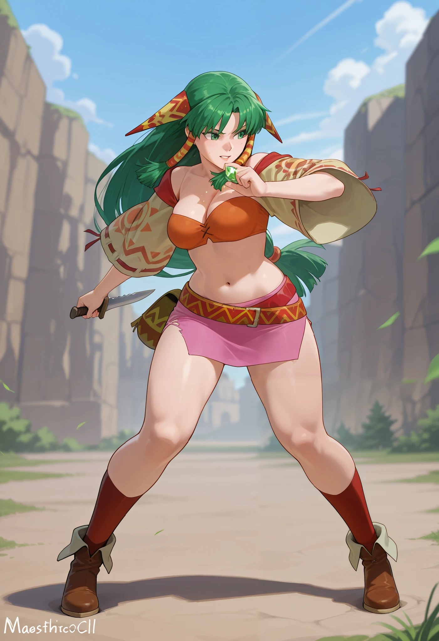26 yo, face look alike to feena from \(Grandia\), Beautiful Mature young milf, (mature woman with lean perfection abdomen), sweet sweet expression, confident, large natural breasts, Curvy body, (outdoor-holding a jewel-addorned knife with 1hand - ready to fight a pack of wolves in fantasy classic Grandia settings), battle stance, solo, 1girl, BREAK, She wears an orange bra top that leaves her abdomen exposed, paired with a small short pink skirt held up by a thin red belt. Covering her arms is a tan-colored shawl adorned patterns on both sleeves. Her long green hair flows down her back, with some sections tied through two patterned hair accessories. She completes her ensemble with ripped red socks that extend past her knees and brown shoes featuring tribal patterns similar to those on her belt and shawl, official arts, dynamic jrpg view, (dynamic cinematic angles), fantastic fantasy vibrant background, fighting monsters, 