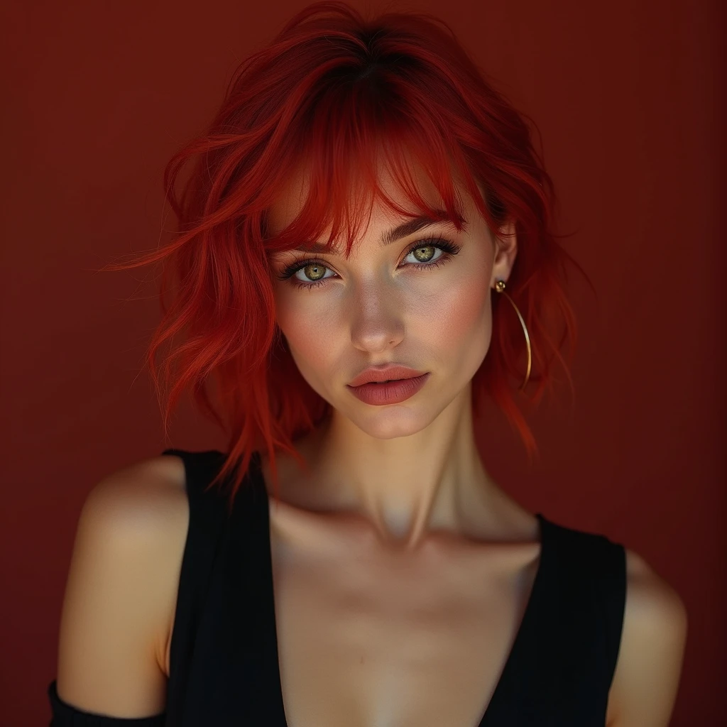 Una chica de 22 años con el cabello PELIRROJO LARGO, ojos MORADOS con pestañas largas y espesas, con algunas pecas, tiene un maquillaje que destaca su mirada, facciones finas y delicadas, piel muy pálida, tiene una expresión egocéntrica y fria, ESTÁ APOYADA UN NÚMERO 1 hecho xon material plateado, está vestida con un vestido ajustado y moderno color morado, un fondo de fuego morado