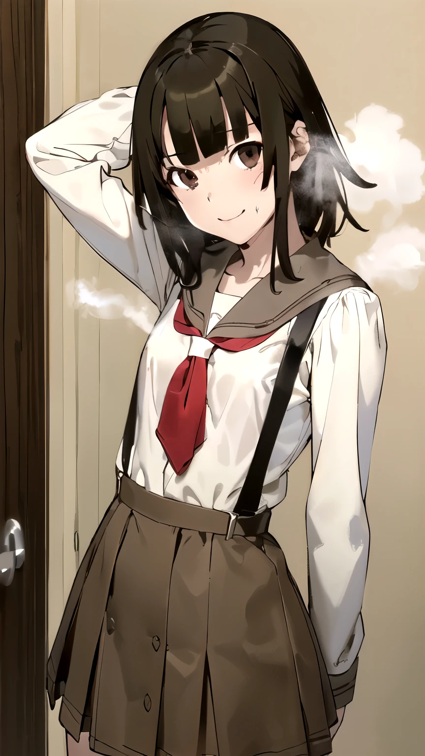 ((masterpiece,best quality)), {DATE_artstyle_LoRA : Manga_Style} {horror_edit : creepy_room_aura} {partially_monochrome} { (aanadeko, medium hair, brown hair, blunt bangs, brown eyes, brown skirt, perfectly_small_shape_breast : perfectly_slender_body : petite : } { long_sleeves : school uniform, sailor collar, red neckerchief, suspenders }}  {  :  evil : devious : seductive_smile} {posing : arm_behind_head } { possessed :} { steaming_body : sweating  } { } : dark : creepy otaku room : messy  }