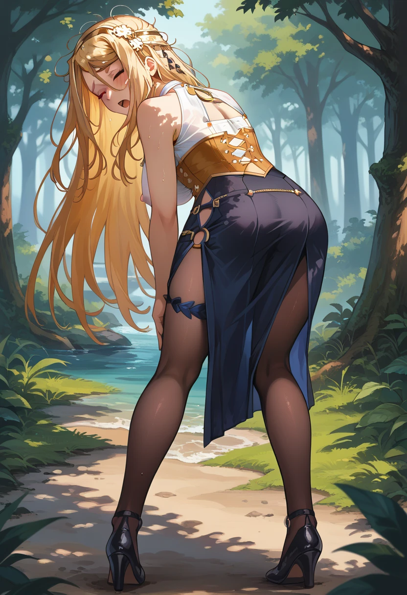 1woman, adult woman, (milf), full body picture, sitting on her feets, under a tree, bright-green eyes, long hair, curly hair, blonde, busty, massive breasts, pointed nipples, massive ass, muscolar legs, hourglass body, lying,bdsm,bound,shibari,shibari over clothes, bound legs, bound torso,r estrained, arms at side, arms behind back,(((rope))), elf dress, green dress, white top, elegant dress, long dress, tight corset, underwear showing, very aroused, want to be fucked, forest background, looking at the viewer, barefoot,