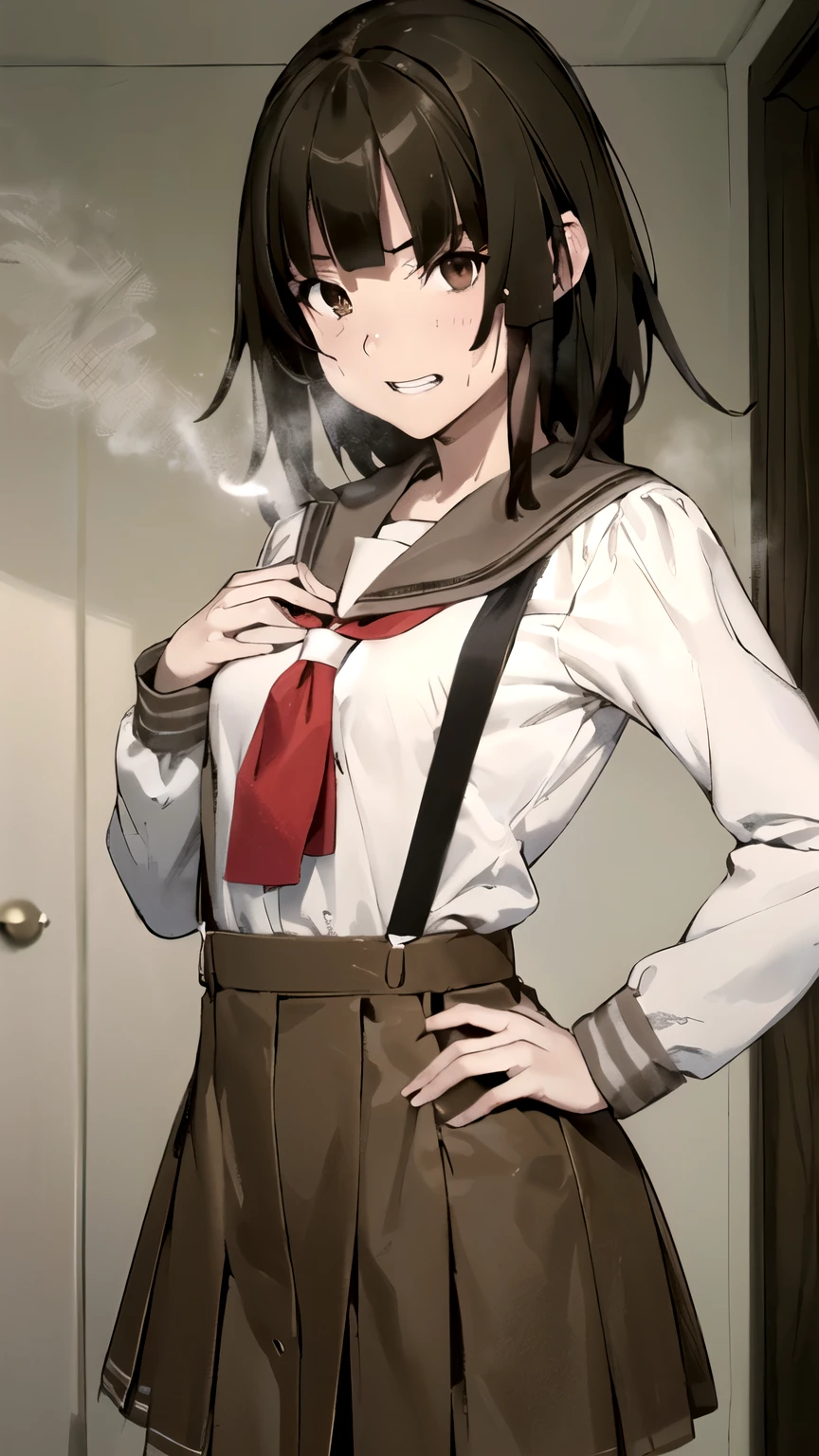 ((masterpiece,best quality)), {DATE_artstyle_LoRA : Manga_Style} {horror_edit : creepy_room_aura} {partially_monochrome} { (aanadeko, medium hair, brown hair, blunt bangs, brown eyes, brown skirt, perfectly_small_shape_breast : perfectly_slender_body : petite : } { long_sleeves : school uniform, sailor collar, red neckerchief, suspenders }} { teeth : evil : devious : seductive_smile} {sexy_posing : hands_on_hip } { possessed :} { steaming_body : sweating } { } : dark : creepy otaku room : messy }