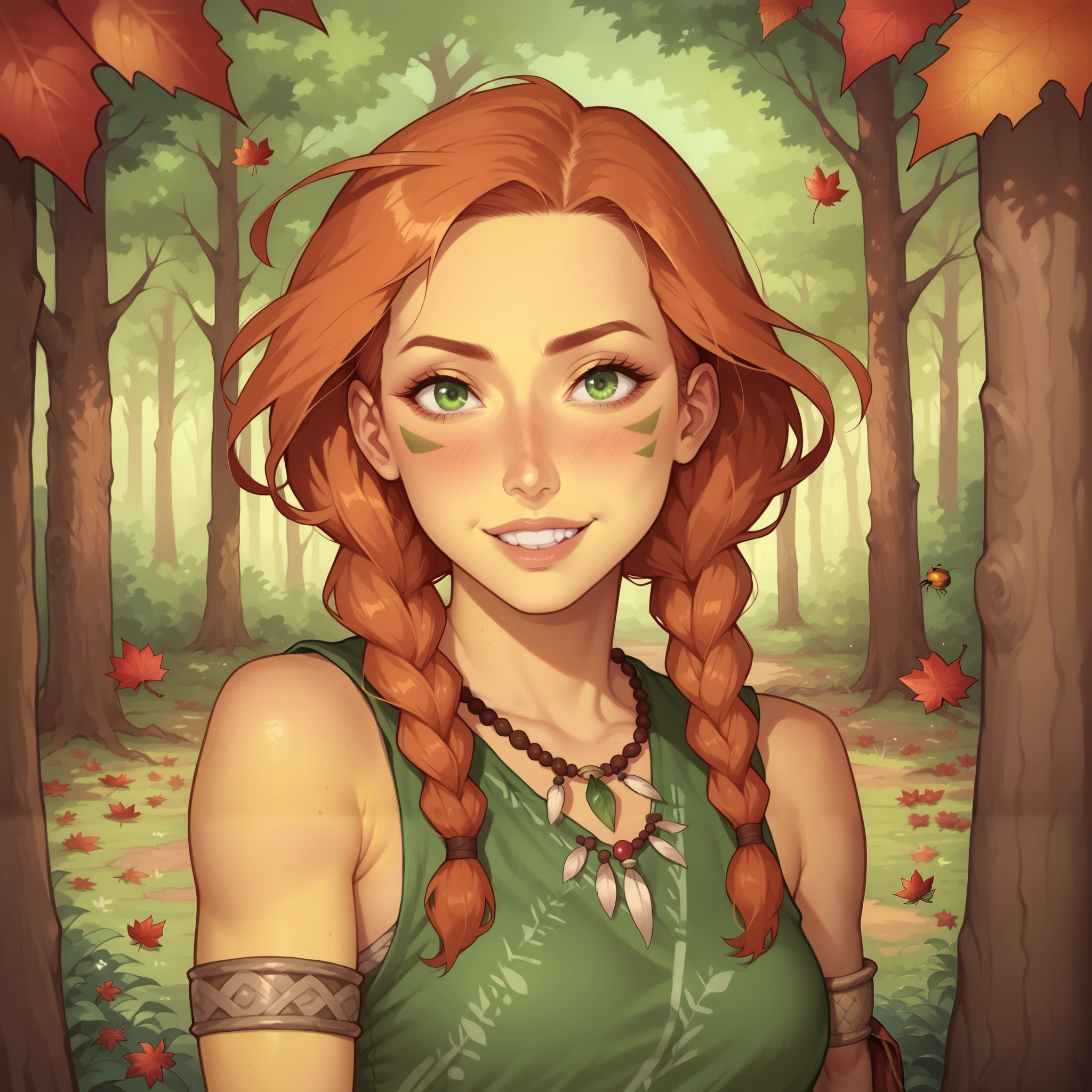 (((beautiful, high quality, comics style, detailed face))), score_9, score_8_up, score_7_up, | solo, skinny, 19-years-old girl, ((colored skin, pale yellow skin:1.4)), high cheekbones, perfect round mint green eyes, (wood nymph), light green facepaint, facial mark, tribal, | wear a sleeveless dress, straw color dress, autumn leaves covered dress, druid necklace, druid armlet, | long ginger hair, twin braids, two long braids, (many red flowers on hair), shy smile (teeth), action pose, | outdoor, fantasy background, autumn, boreal forest, insects, wind blowing, zPDXL3, detailxl, DeepNegative_xl_v1, Smooth Quality - Illustrious