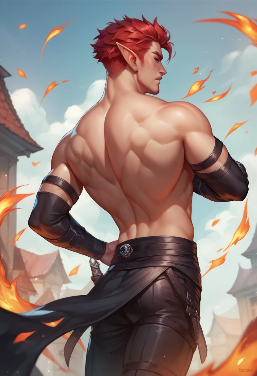 Master masterpiece、the best quality、8K、16 years old male、katsuki bakugou、Red cloak with fur、Upper body naked、(Dragon tattoo on shoulder and back:1.2)
