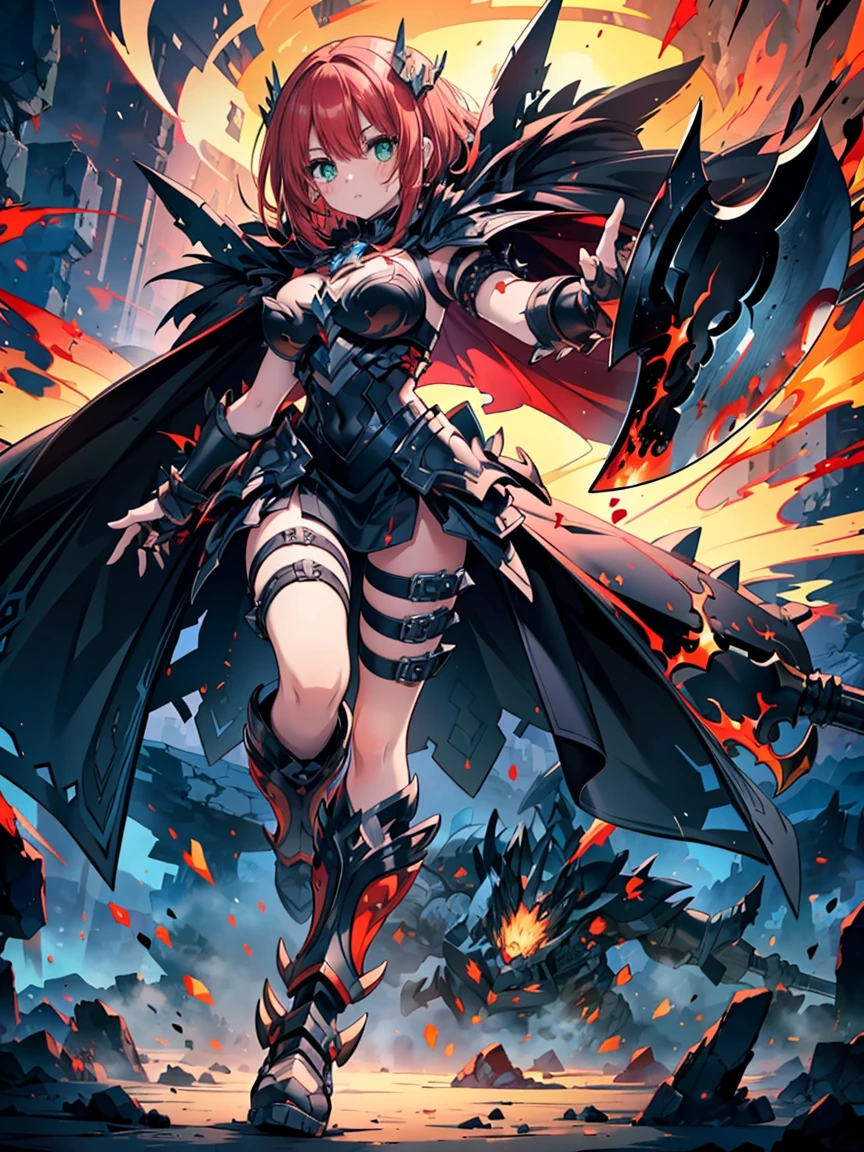 top-quality、Top image quality、masterpiece、age girl((Black jacket、black mechanic body、Shining red body line、Black Bikini Armor、18year old、 Ager、Best Bust、big bast,Beautiful light blue eyes, Long Blonde Hair、A slender,Large valleys、Reflecting the whole body、black mechanic helmet、Black visor、mechanical red sword、Black wings、rear cable、mid air、flying though the air,fighting poses)),hiquality、Beautiful Art、Background with((research complex、Mechanical Laboratory、bio research、Burning ground、Fire Dragon))masterpiece、depth of fields,Japan Anime Style