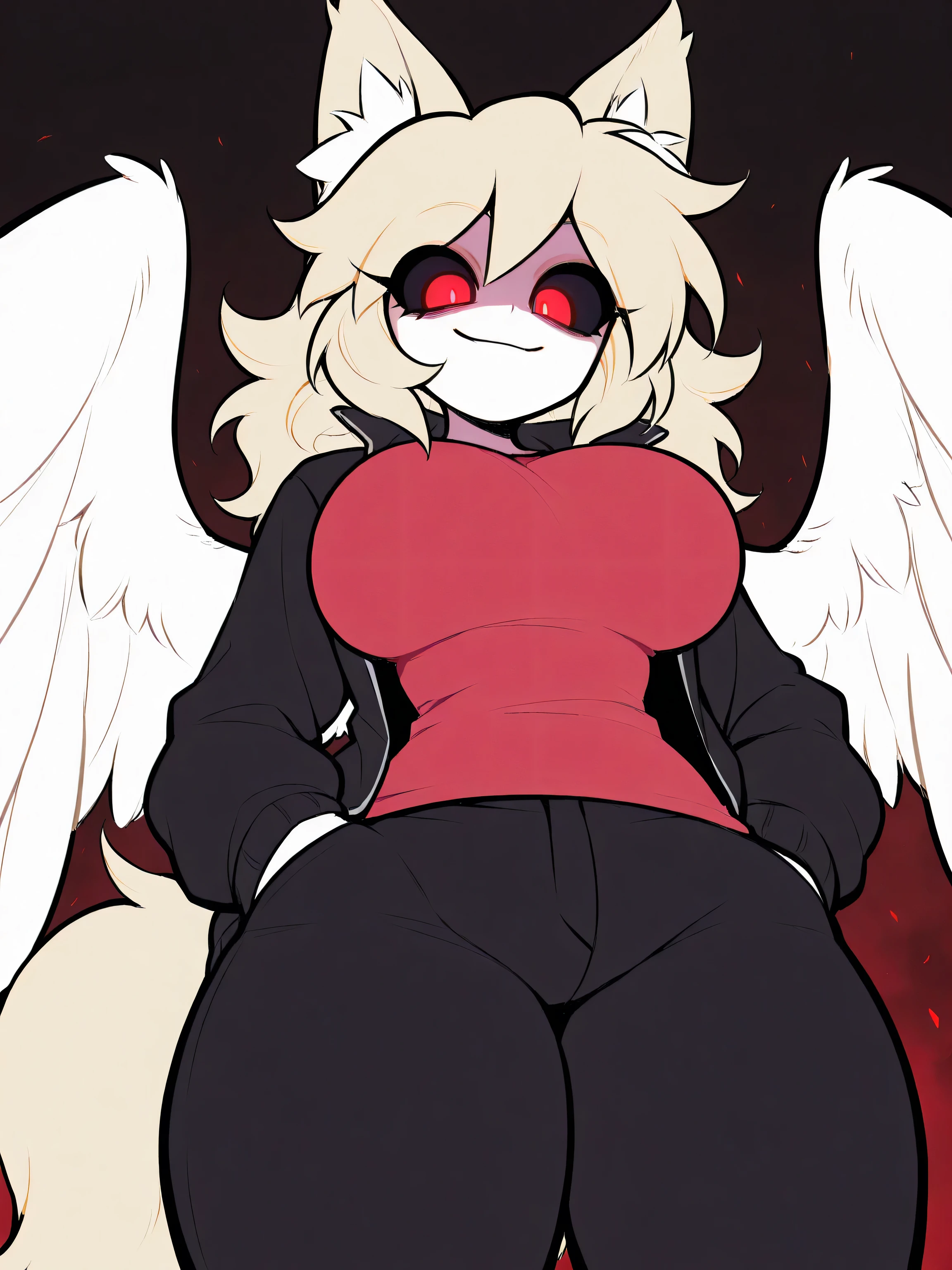 human,human face, view from below, black sclera, school background, solo, white large wings, big breasts, short, large thighs, innocent smile, adult, female, short blonde hair, sexy big thighs, yellow wolf ears, blonde wolf tail, red eyes, black jacket, red shirt, black pants, hands in pockets, (masterpiece), best quality, expressive eyes, perfect face, ,score_9, score_8_up, score_7_up,source_anime,BREAK