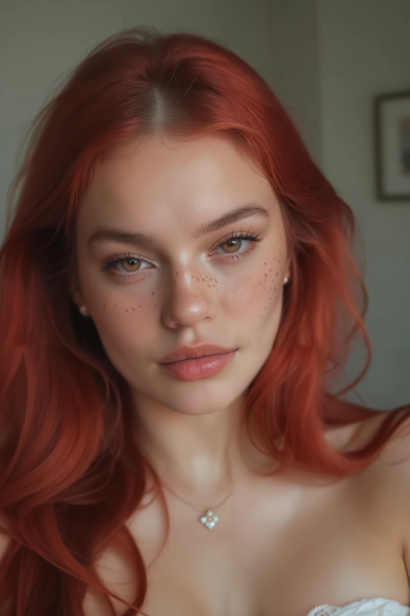 22-year-old girl red-haired latin girl, Realistic portrait, with long straightened straight red hairstyle, all body. She has brown light eyes. she is natural and sexy. She should have a lot freckles on her face. She is natural and ultrarealistic. 