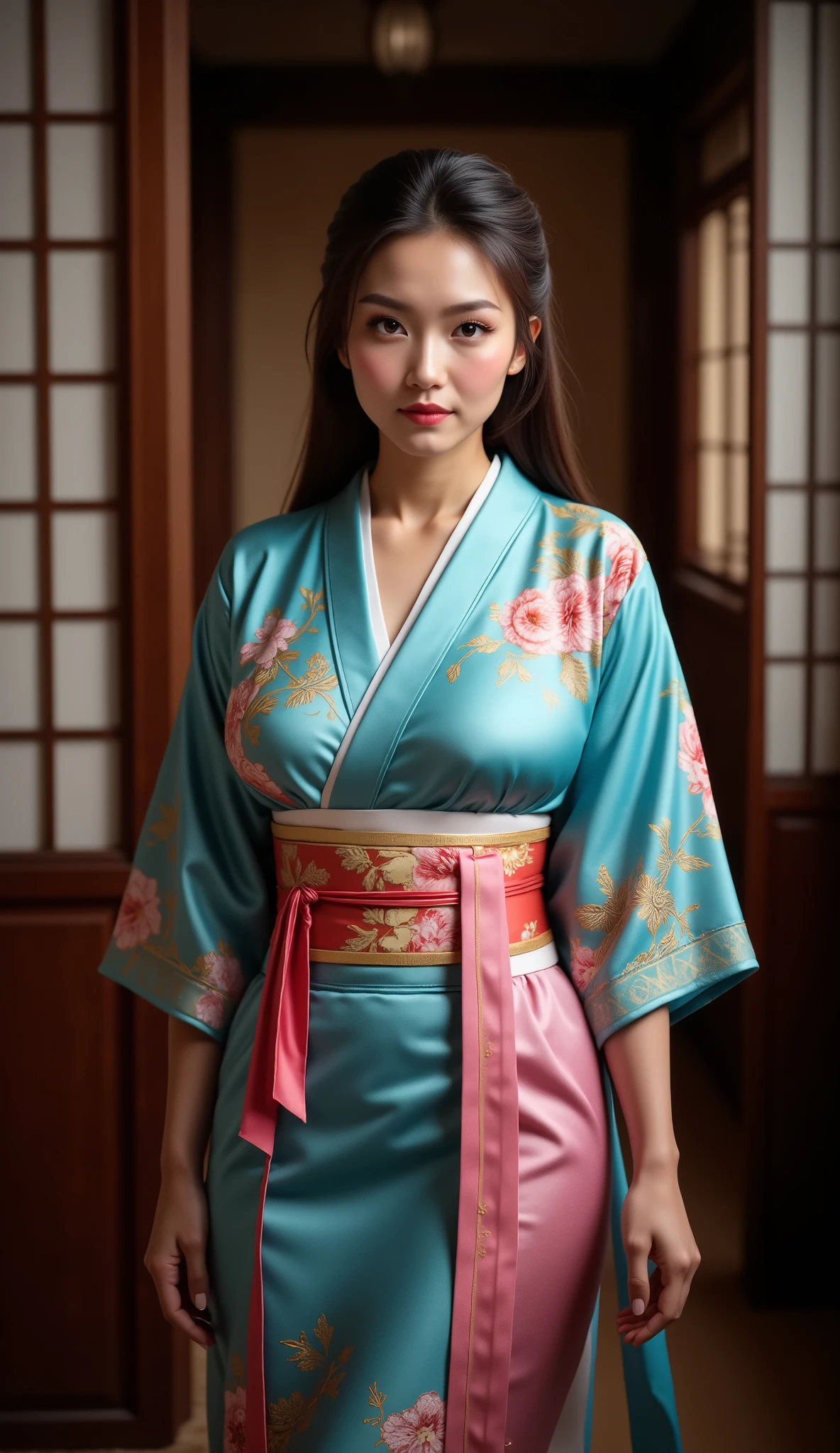 Arafed woman in a blue kimono with a pink sash - SeaArt AI