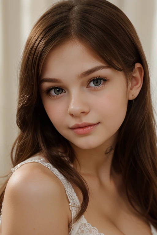 (Lying on a hotel bed)、(Wearing thin sheer white gown:1.5)、(Irish girl at 12 years old:1.5)、80mm, Beautiful Brunette Irish girl smiling, pale skin, thin waist, mesmerizing blue eyes, deep set eyes, dimples on each side of tip of the nose, rounded cheeks, narrow chin, small breasts, nipples showing through gown, (is wearing sexy underwear)、(Natural Skin Texture, Hyper-Realism, Soft light, sharp), (Intricate details:0.9), (nffsw, hyperdetails:1.2), Soft light, sharp, exposure blend, medium shot, Bokeh, (nffsw:1.4), High contrast, (Muted colors, dim colors, Soothing tones:1.3), Low saturation, (hyperdetails:1.2), (Noir:0.4)