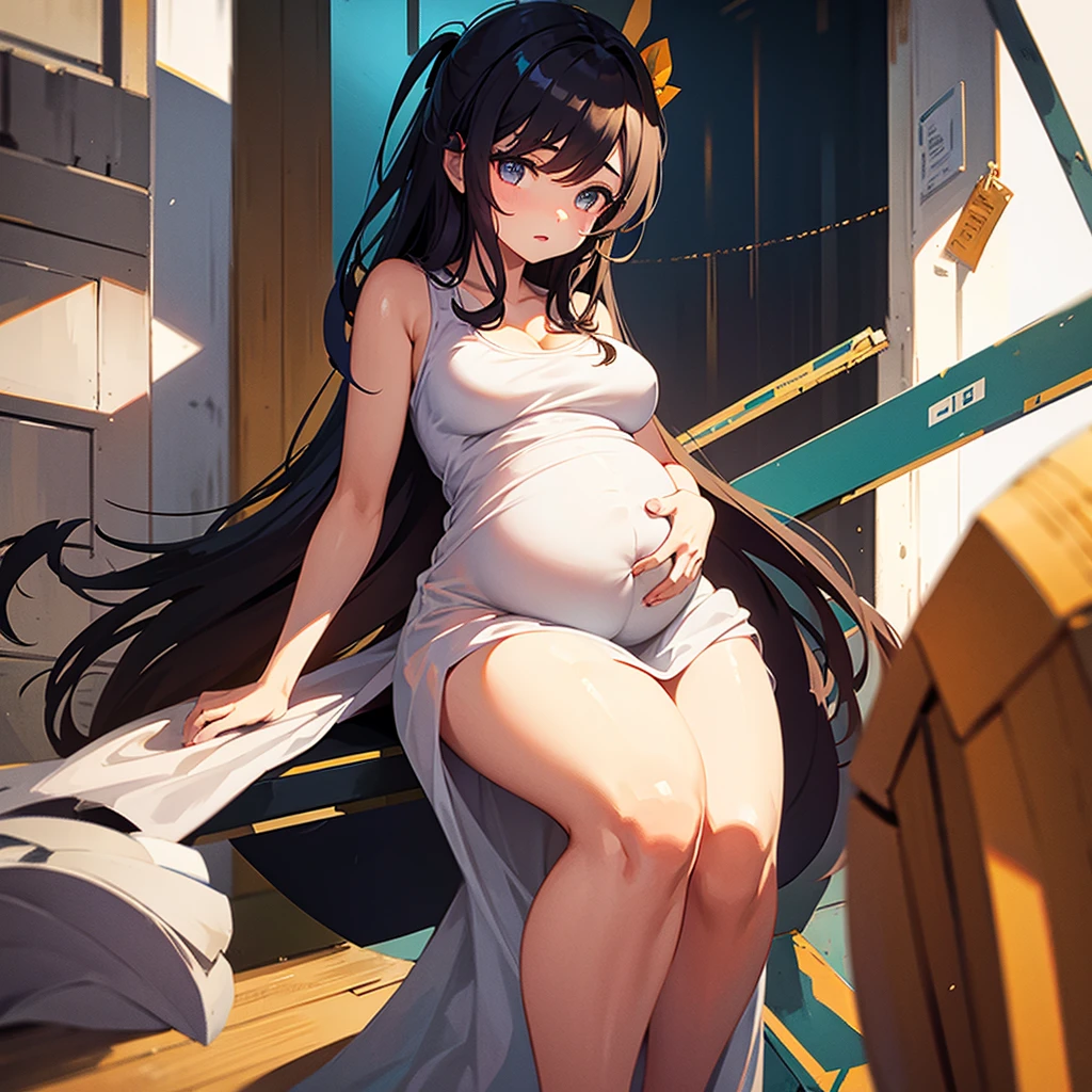 Pregnant woman with dark black hair, blue eyes, blue maternity dress, baseball bat