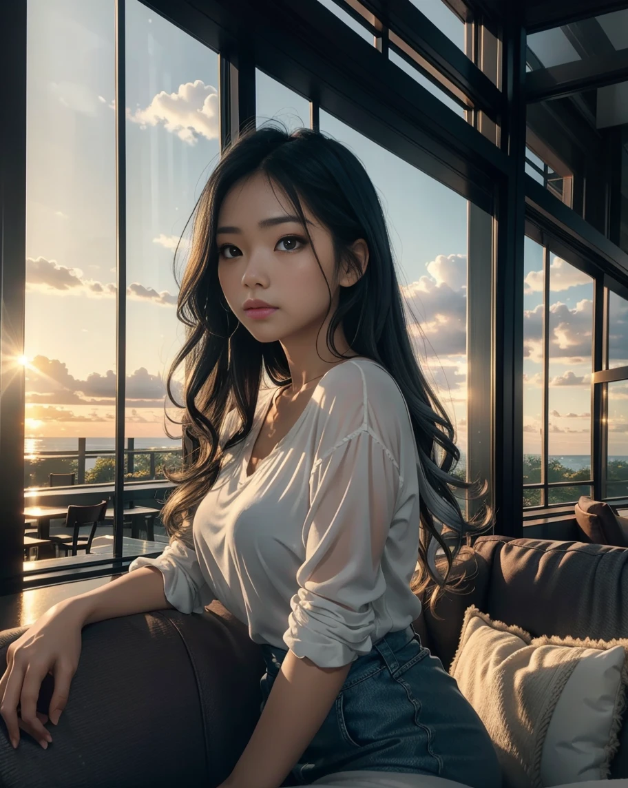 1 girl, Best quality, masterpiece, ultra high res, (photorealistic:1.4), raw photo, 1girl, see through spaghetti strap shirt, cinematic lighting, half body view, half body shot, bedroom, by the window, orange sunset light reflects on hair, one strap falls off shoulder