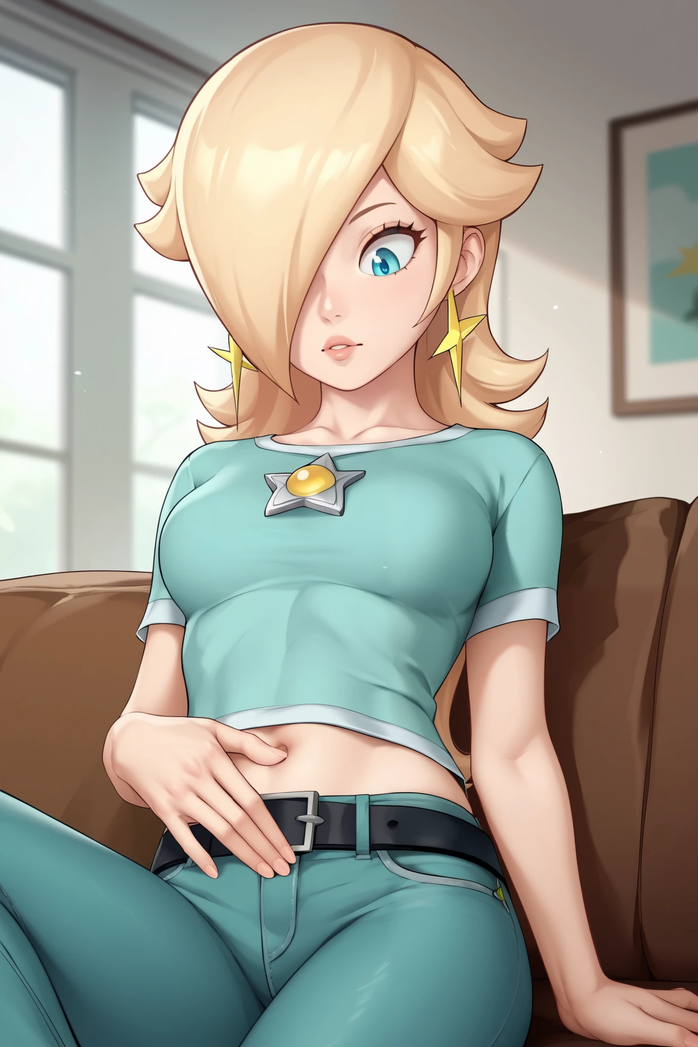 score_9, score_8_up, score_7_up, source_anime, rosalina, blonde hair, blue eyes, hair over one eye, long hair, star earrings, solo, cowboy shot, black t-shirt, taut clothes, tight shirt, midriff, navel, jeans, black belt, sme, looking down, laying on couch, hand on own stomach, indoors