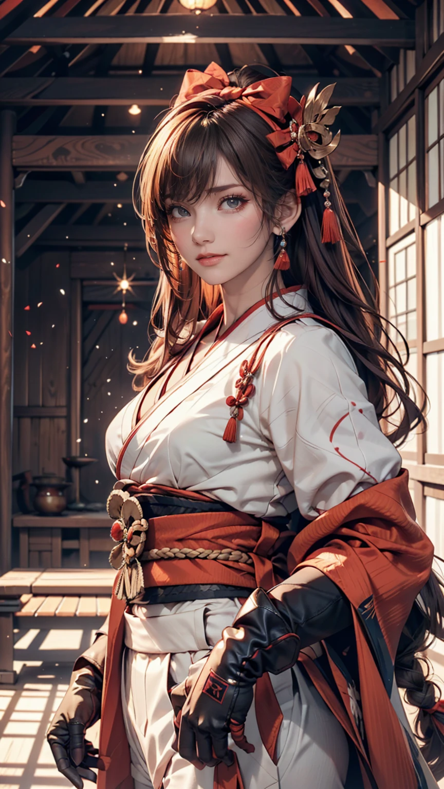 Beautiful redhead woman with brown eyes and long hair wearing Japanese warrior costume 