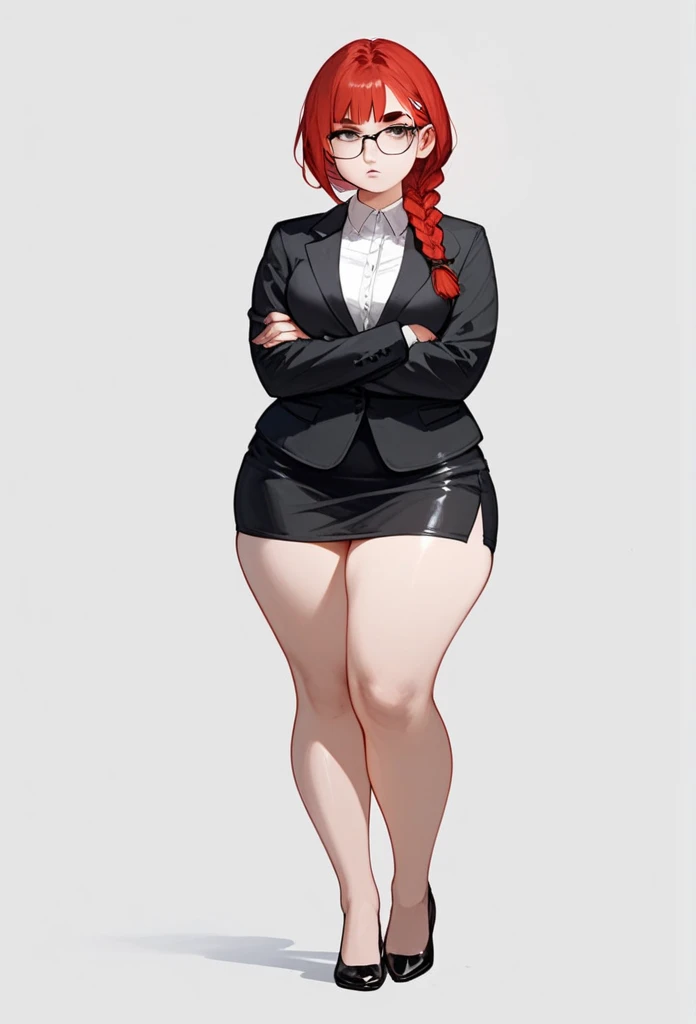 pale adult woman, large breasts, very thick thighs, massive thighs, wide hips, short ginger hair in a sleek hairbun, glasses, tight black blazer, tight black pencil skirt, mid-thigh black pencil skirt hem, thick thighs pressed together, very thick legs, thick calves, wearing black high heels, bored expression, strict teacher, facing forward, she is standing, legs and feet in the photo, crossing arms under her chest, straight face, raised eyebrow, full body shown, voluptuous, detailed face, 8k quality, toes pointed inward, full body shown, staring