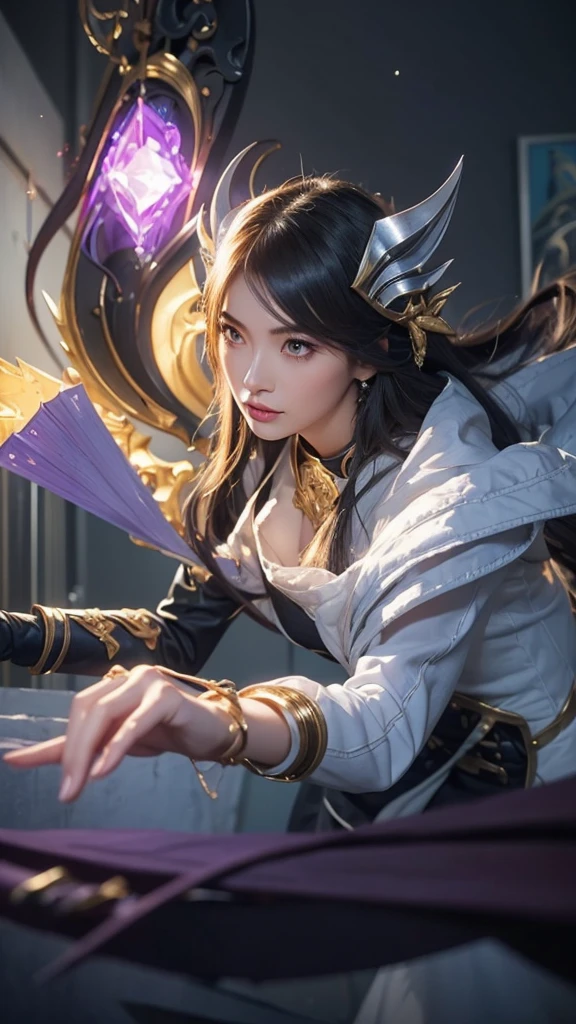 Photorealistic, masutepiece, Photorealistic, High resolution, Soft light, hips up high, Blue eyes, White hair, Long hair, Intricate details EABA, cloaks, spear, Samurai, armor, Japanese Katana Sword, Warrior, Samurai Helmet、A bell hangs on his chest