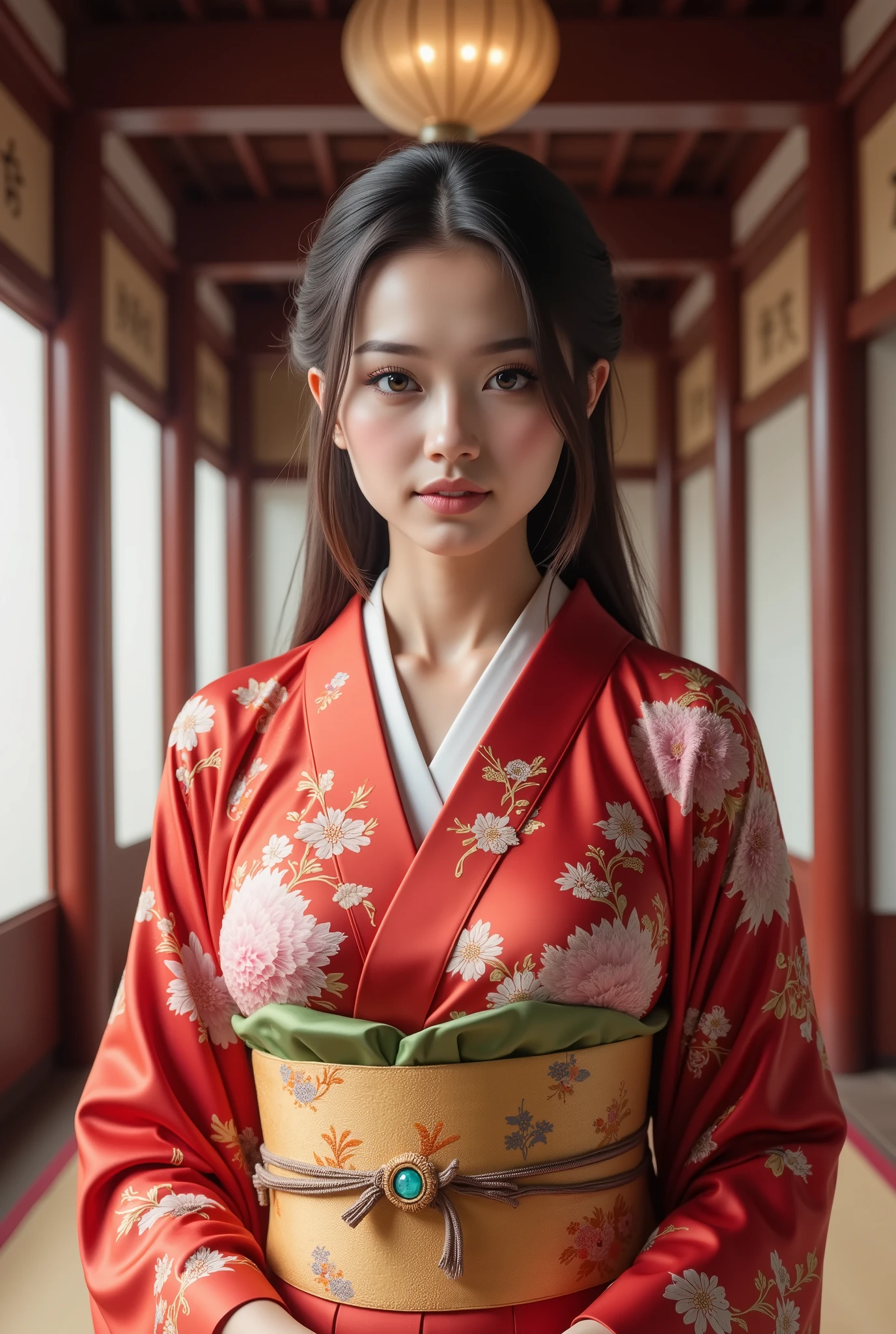 Arafed asian woman in a kimono dress standing in a hallway - SeaArt AI