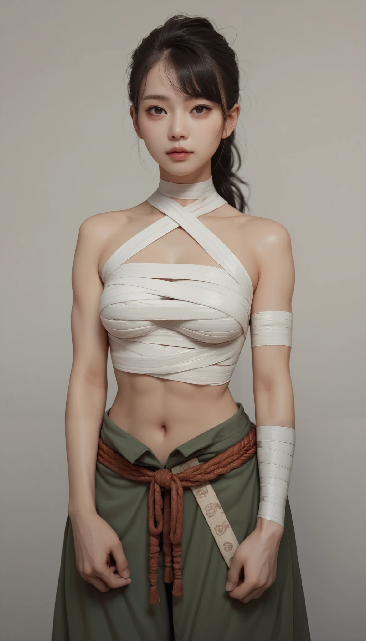 Cover with a bandage, A lot of bandages, Korean girl, Clothes made of bandages, wrap with a bandage, Full body bandage , Lots of bandages, Upper body emphasis