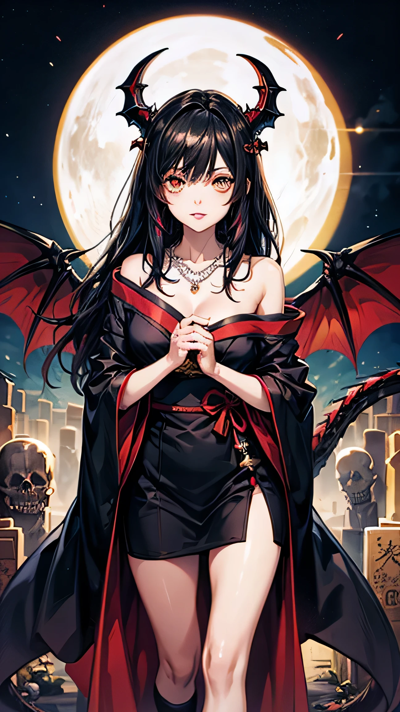 anime style, chica, long black hair Vantablack , golden eyes , Gothic ta red and black Kimono dress, black and white socks in stripes covering all legs, jade beauty , copa de pechos b, long legs, charming eyes, bottom ( dragon skeleton cemetery ), black dragon wings Vantablack , tail one meter long 1 meter long color Vantablack , necklace around the neck of rubies wrapped in amber, height 150 CM, Jade's beauty physically, light skin, anime style (Japanese), estilo Japanese anime, manga, Western Dragon Tailed Horns.