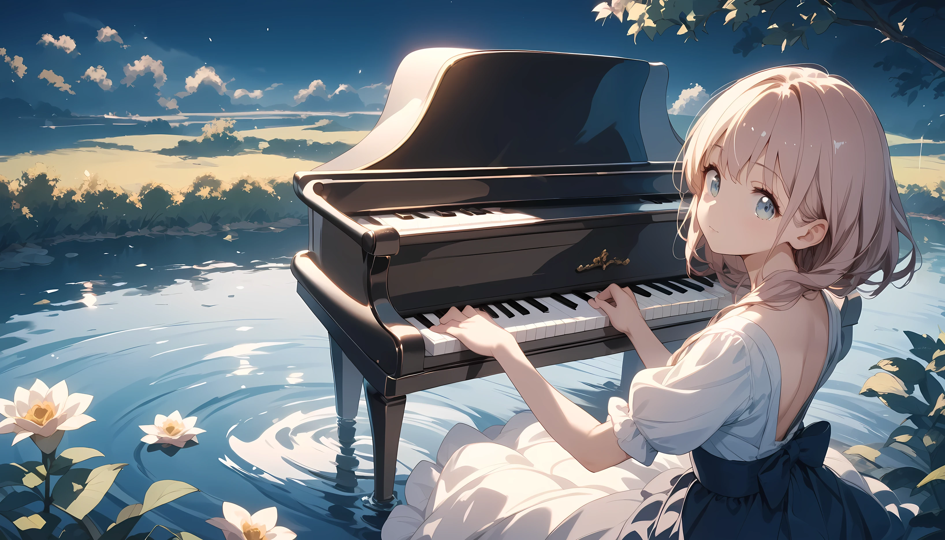 night、Endless lakes、星がいっぱいのnight空、Grand piano on the lake、Illuminated grand piano、Best image quality、theory、Beauty、