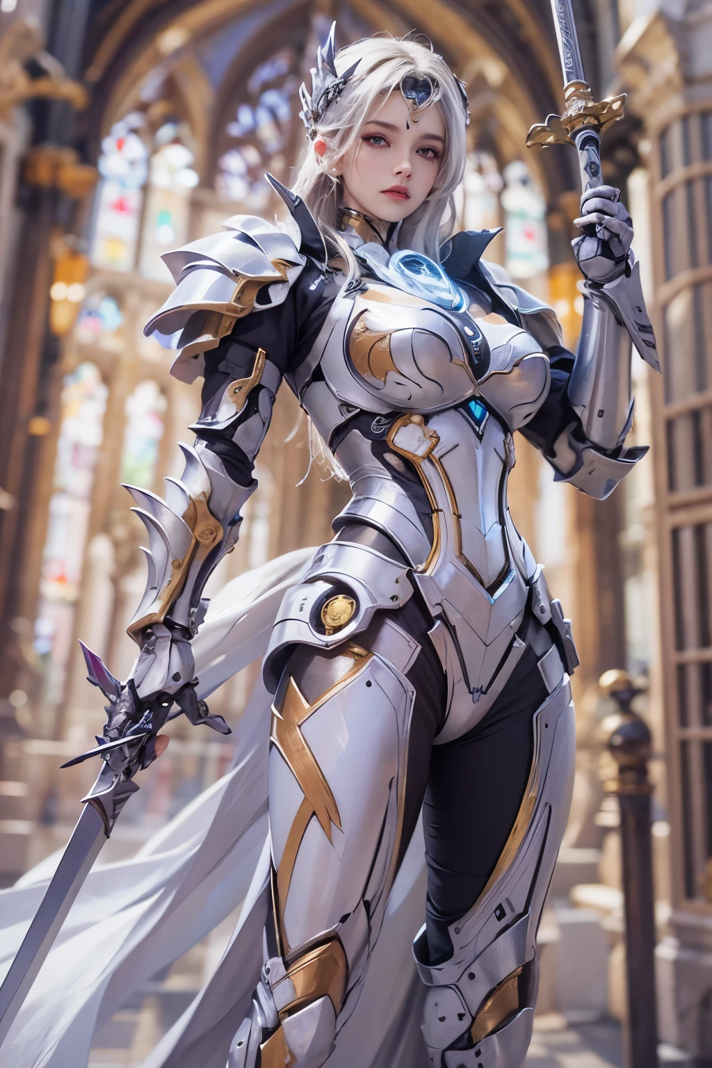 (Best Quality)), ((Masterpiece)), (Very Detailed: 1.3), 3D, master chef-mecha, Beautiful cyberpunk woman wearing crown, with master chef style armor, sci-fi technology, HDR (High Dynamic Range), ray tracing, nvidia RTX, super resolution, unreal 5, subsurface scattering, PBR texture, post-processing, anisotropic filtering, depth of field, maximum sharpness and sharpness, multi-layer texture, Specular and albedo mapping, surface shading, accurate simulation of light-material interactions, perfect proportions, octane rendering, duotone lighting, low ISO, red balance, rule of thirds, wide aperture, 8K RAW, high efficiency subpixels, subpixel convolution, light particles, light scattering, Tyndall effect, very sexy, full body, battle pose, silver hair with braids,