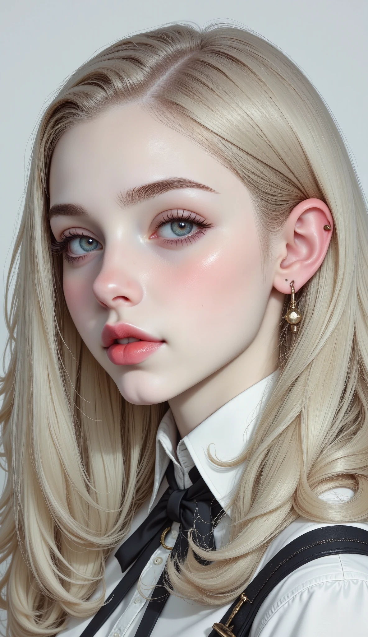A close-up of a blonde haired woman in a white dress, WHITE PORCELAIN SKIN, Albino  pale white skin , fair and clear skin!!, very very pale blonde hair, very pale blonde hair, pale ivory skin, very very  pale white skin , pale porcelain skin, very very very  pale white skin , very very  pale white skin ,  pale skin curly blond hair ,  pale white skin 