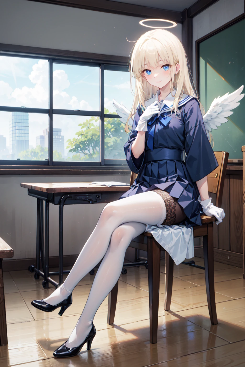 masterpiece, highest quality, 1 girl, solo, 6 , (flat chest), Ingrid, Hair Pod, gloves, skirt, pantyhose, bow, dress, black pantyhose, black panties under pantyhose, pink panty, half undress panty, church, View from between the legs,leg up, masturbation, dildo, vaginal dildo,