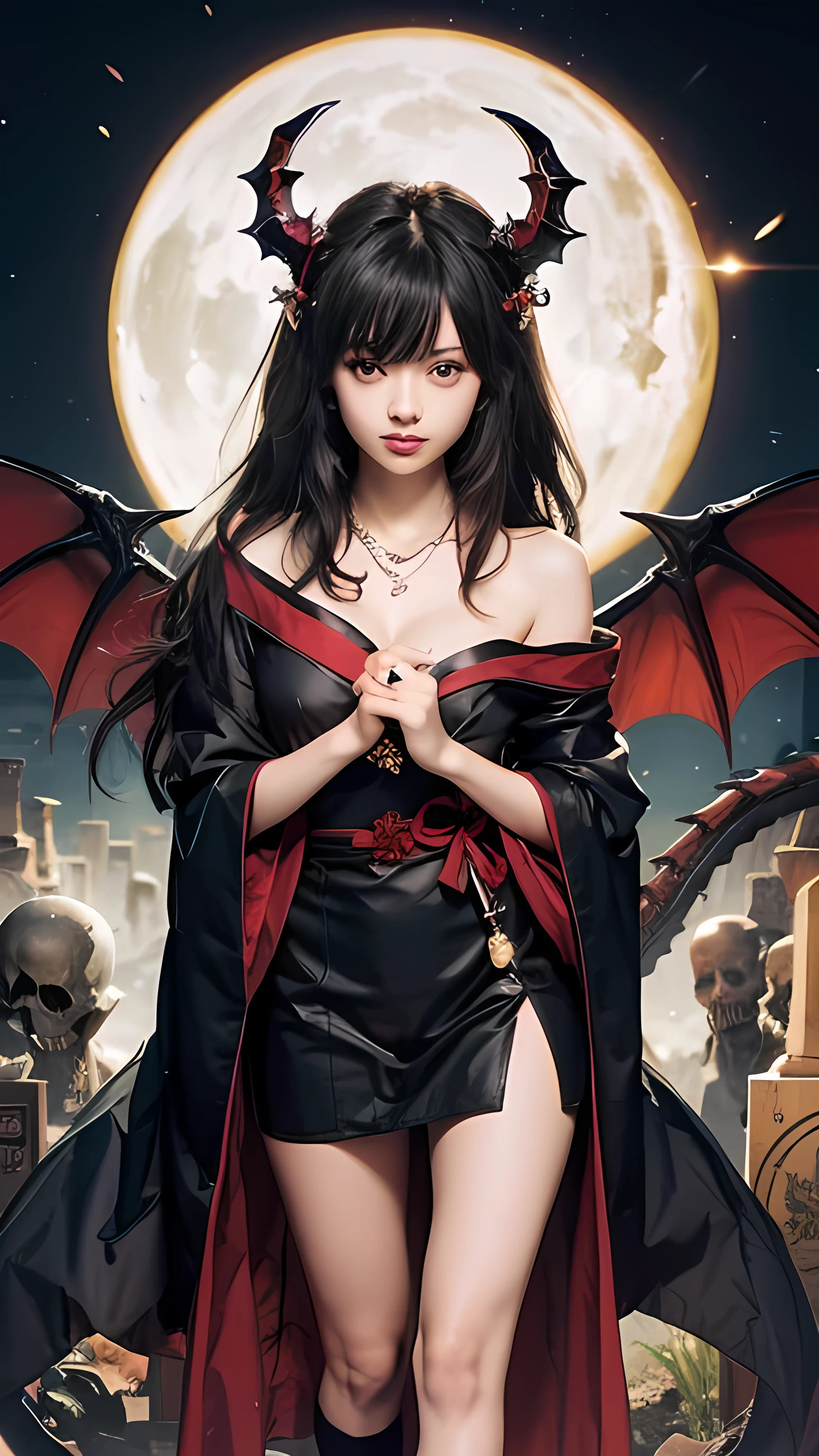 anime style, chica, long black hair Vantablack , golden eyes , Gothic ta red and black Kimono dress, black and white socks in stripes covering all legs, jade beauty , copa de pechos b, long legs, charming eyes, bottom ( dragon skeleton cemetery ), black dragon wings Vantablack , tail one meter long 1 meter long color Vantablack , necklace around the neck of rubies wrapped in amber, height 150 CM, Jade's beauty physically, light skin, anime style (Japanese), estilo Japanese anime, manga, Western Dragon Tailed Horns, add all type details.