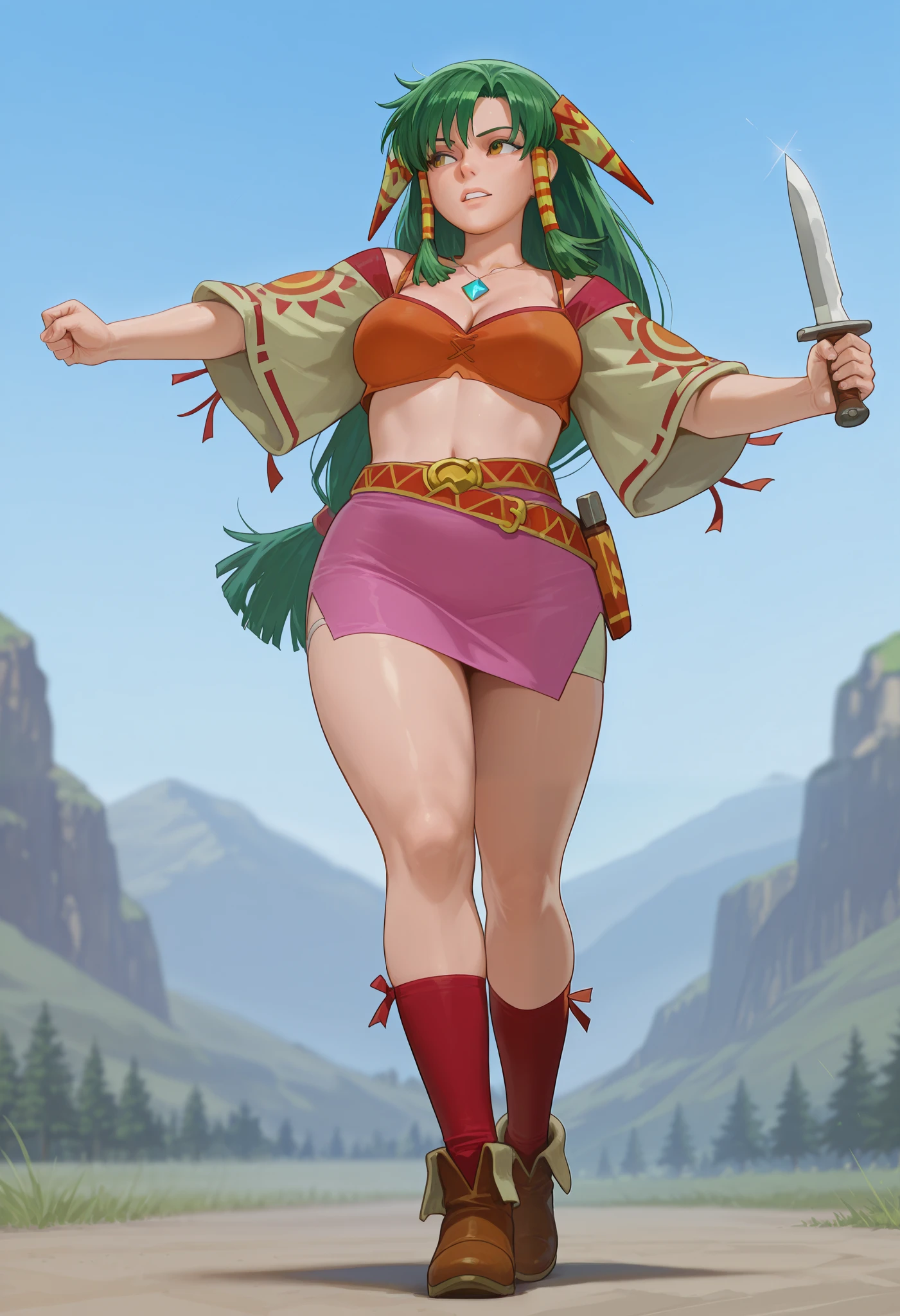 26 yo, face look alike to feena from \(Grandia\), Beautiful Mature young milf, (mature woman with lean perfection abdomen), sweet sweet expression, confident, large natural breasts, Curvy body, (outdoor-holding a jewel-addorned knife with 1hand - ready to fight a pack of wolves in fantasy classic Grandia settings), battle stance, solo, 1girl, BREAK, She wears an orange bra top that leaves her abdomen exposed, paired with a small short pink skirt held up by a thin red belt. Covering her arms is a tan-colored shawl adorned patterns on both sleeves. Her long green hair flows down her back, with some sections tied through two patterned hair accessories. She completes her ensemble with ripped red socks that extend past her knees and brown shoes featuring tribal patterns similar to those on her belt and shawl, official arts, dynamic jrpg view, (dynamic cinematic angles), fantastic fantasy vibrant background, fighting monsters, 