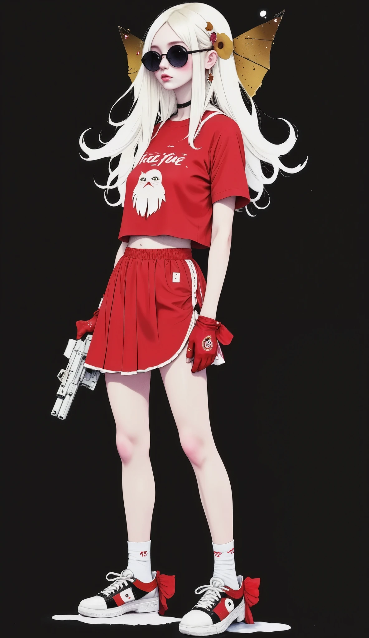  Feminine style cartoon characters  ,  with white hair a gold and red dracula behind the hair  , a white beard like Free Fire  , round black sunglasses ,  short sleeve t-shirt with red glove  , written in red on the brush  "free fire",  red skirt with white bottom edge  ,  with a gun in hand ,  long white thigh-length socks with a thin red ribbon on the side of the sock,  a red and black sneaker on the foot with face and ears  ,  Black background