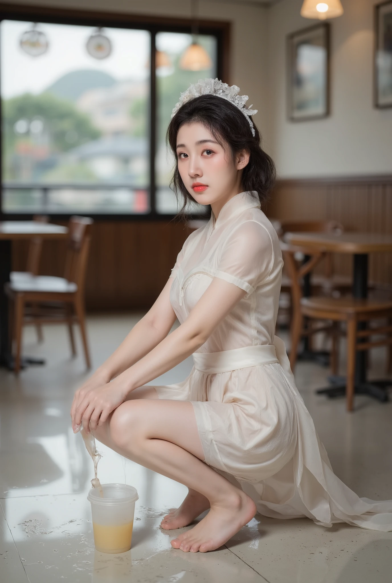(Practical, photo-Practical, Best quality, masterpiece), Intricate details, Extremely detailed, (Photography below, For the audience), solitary, A Japanese character, (Half squat,You have to spread your legs:1.5), (Wearing a completely see-through waitress costume, gout:1.3), (Huge breasts), Black Hair, Short Bob Hairstyle, Pale skin, Delicate face, Delicate eyes, Delicate nose, (Your own liquid, Excessive urination, She is peeing:1.5), (Urine dripping from legs onto the floor, There is a urine pit, There are urine stains, She looked ashamed:1.2),, Photo Background, indoor, Coffee Shop,