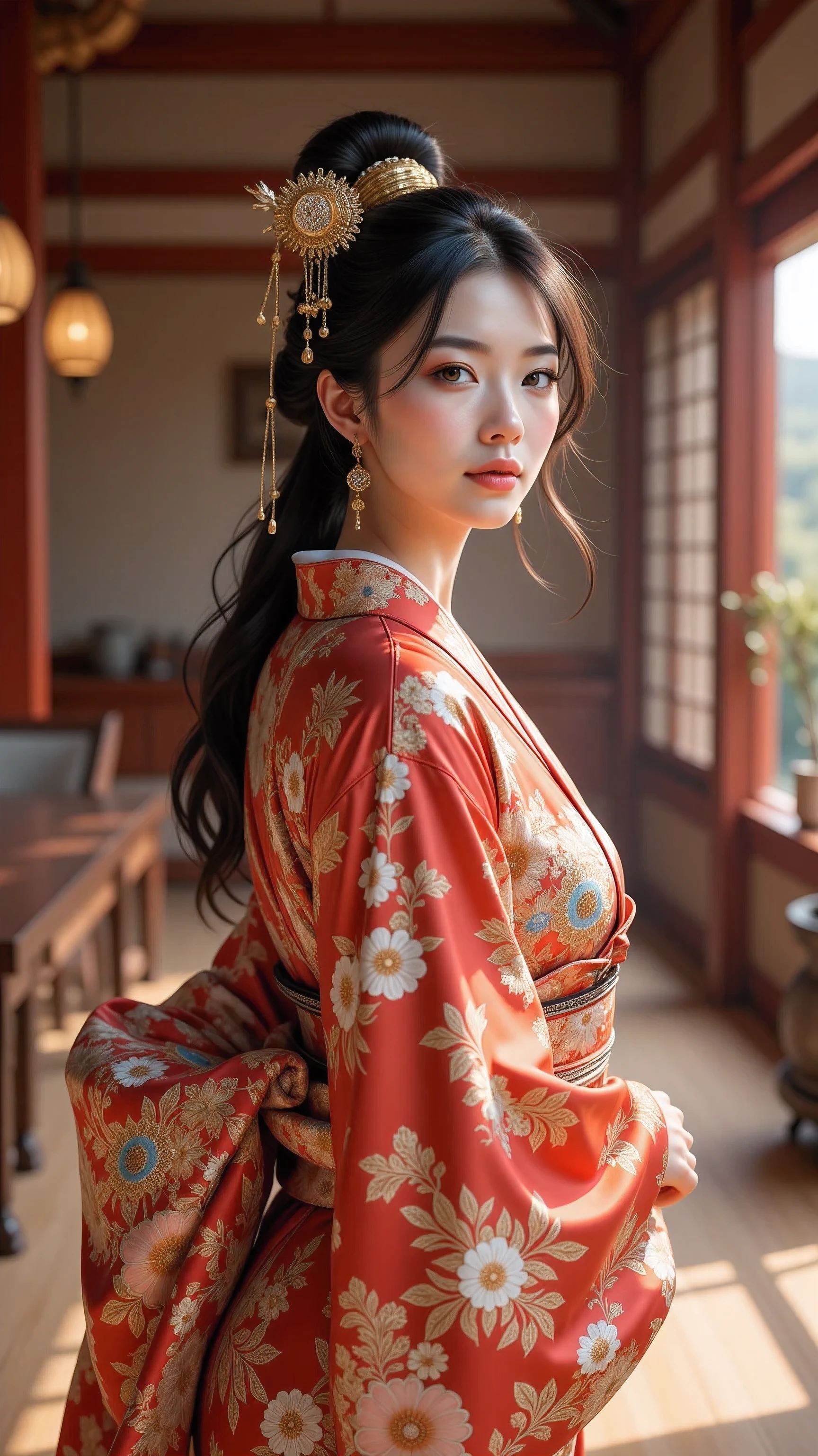 arafed woman in a kimono dress standing in a room, wearing ancient chinese clothes, palace , a girl in hanfu, hanfu, traditional chinese clothing, with acient chinese clothes, chinese dress, japanese kimono, chinese costume, traditional beauty, ancient chinese princess, japanese clothes, chinese style, traditional japanese colors, wearing kimono, ancient chinese beauties, Create a prompt that captures the essence of ancient Japan through an artist's interpretation. The scene should feature a photorealistic, well-rounded Japanese female character who embodies vivacity and grace, showcasing her in a traditional silk kimono as she smiles gently. Utilize a wide-angle view to emphasize symmetrical image composition, with a cinematic angle that reveals a beautifully designed ancient oriental interior in the background. Employ soft lighting to enhance the ambiance, ensuring that the character’s shiny hair and lifelike features are depicted with precision. Focus on creating central leading lines that guide the viewer's eye through the depth of the scene, while highlighting the intricate details of both the wardrobe and the environment. Please ensure the artwork reflects an immersive ancient Japan theme, enriched by the textures and vibrancy typical of a MajicMix or silkpunk style, without including any inappropriate elements.