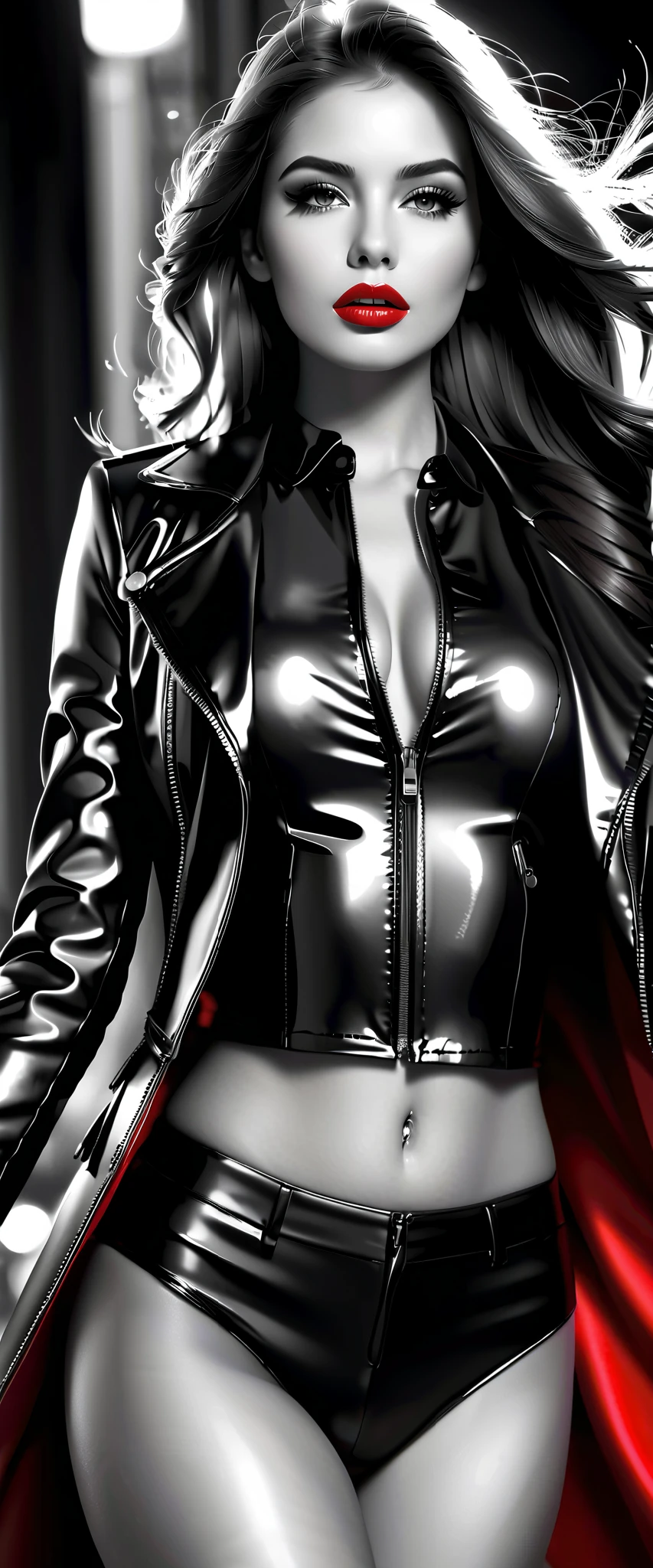 1girl, Sublime femme suédoise très sexy, Detailed lips, detailed eyes, detailed eyelash, detailed face, (((sublime and detailed full body))), long cheveux, visage de séduction, (((shiny red lipstick :2.0, glossy lipstick))), photo du corps entier:2.5, ((porter un manteau_rouge, porte des talons_aiguilles_rouge)),(( photo noir et blanc, black and white, Low-angle photo)), (((photo noir et blanc : 2.0, black and white photo :2.0, shiny red only on lipstick, b/w, b&w, une femme, 1girl))) abdominaux légèrement dessinés, nombril visible