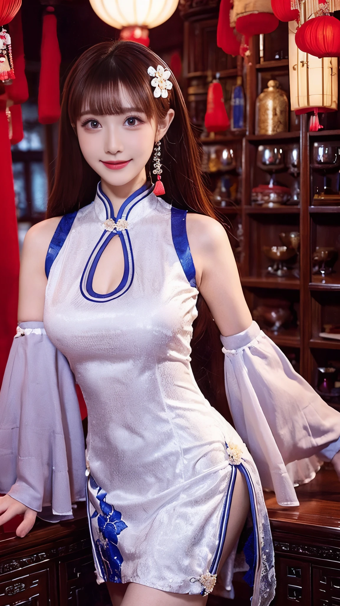 beautiful woman, Chestnut hair , Beautiful Eyes , Smile, Actual , Full HD, very beautiful dress ,Fluffy dress , curved body,Magnificent view ,Gorgeous decoration,cheongsam,中国发髻
