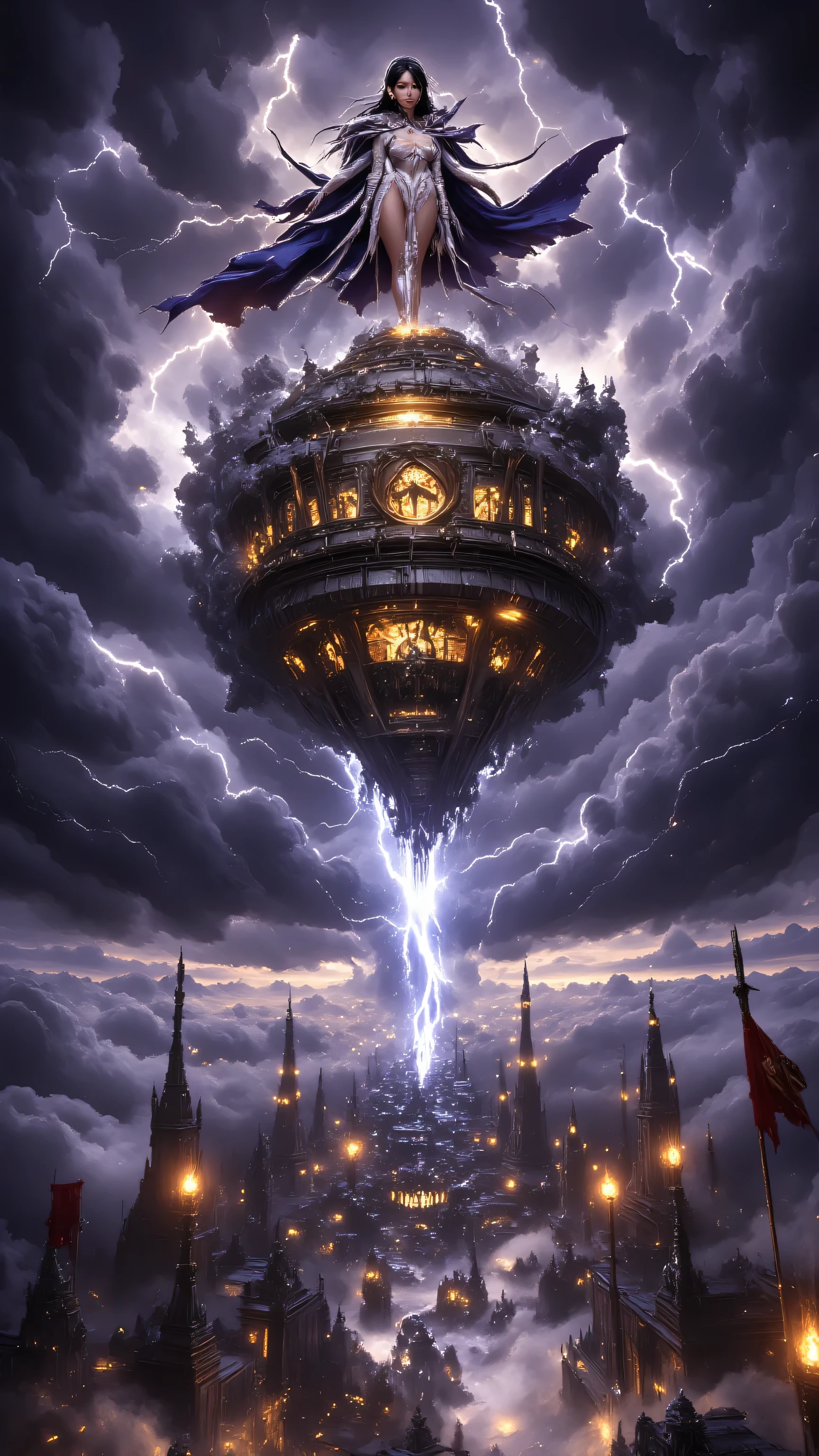 A breathtaking and dynamic scene of a female warrior standing atop a floating citadel high above the stormy clouds, her presence commanding and regal. She is dressed in a gleaming silver and gold armor adorned with intricate celestial patterns, the edges of her cape rippling violently in the howling wind. Her hair flows freely, catching the energy of the storm, and her sharp, determined eyes shine with a radiant glow as she surveys the battlefield below.
In her right hand, she holds a massive, glowing sword imbued with crackling energy, its blade pulsing with golden light that contrasts against the dark, thunderous sky. The sword’s intricate hilt is encrusted with gemstones that seem to emit a soft, celestial hum, as if alive. Her left hand is outstretched, calling down a beam of blinding light from the heavens, illuminating her figure and creating a stark silhouette against the swirling storm.
The floating citadel beneath her feet is made of ancient stone, with glowing runes etched into its surface, radiating a faint blue light. The structure is adorned with broken statues and banners that flap furiously in the wind, hinting at the remnants of a long-forgotten battle. Below the citadel, the endless expanse of storm clouds churn violently, pierced occasionally by blinding bolts of lightning that illuminate the chaotic scene.
The sky is a dramatic gradient of deep purples, blacks, and silvers, filled with swirling clouds and cascading light beams breaking through the storm. The interplay of light and shadow creates a vivid, cinematic atmosphere, drawing the viewer’s eye toward the warrior at the center of the composition.
Ultra-detailed, high-resolution, cinematic lighting, vibrant contrasts, dynamic and flowing elements, realistic textures on armor and stone, glowing energy effects, dramatic angles, emotional and symbolic atmosphere, awe-inspiring and heroic storytelling.