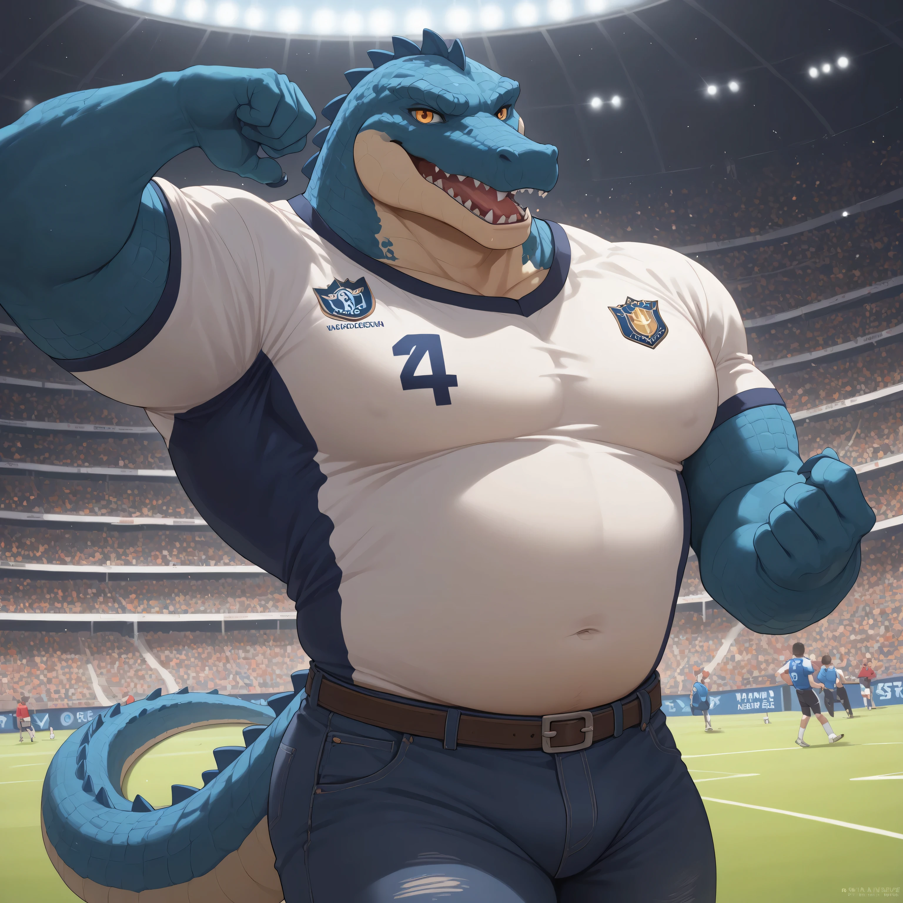 (Masterpiece) (High Detail) (High Res) A large muscular Anthro Crocodile Male with dark navy blue scales on his body and a dark navy blue crocodile tail and amber eyes with bioluminescent blue ridges and spikes on his body and a white stomach and lower jaw. He is sat in the crowd amongst the spectators at a Soccer match in a soccer stadium and he is wearing a Blue soccer jersey and denim jeans. He has one hand in the air and is cheering.