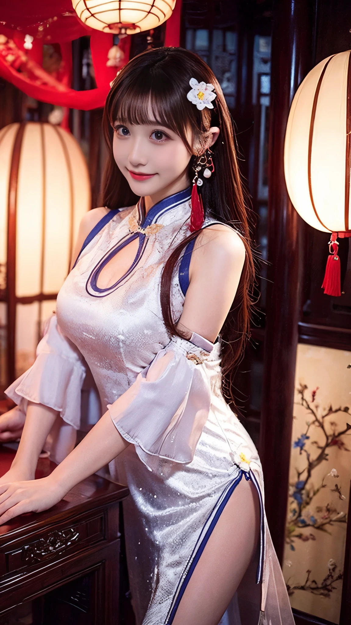 beautiful woman, Chestnut hair , Beautiful Eyes , Smile, Actual , Full HD, very beautiful dress ,Fluffy dress , curved body,Magnificent view ,Gorgeous decoration,cheongsam,中国发髻