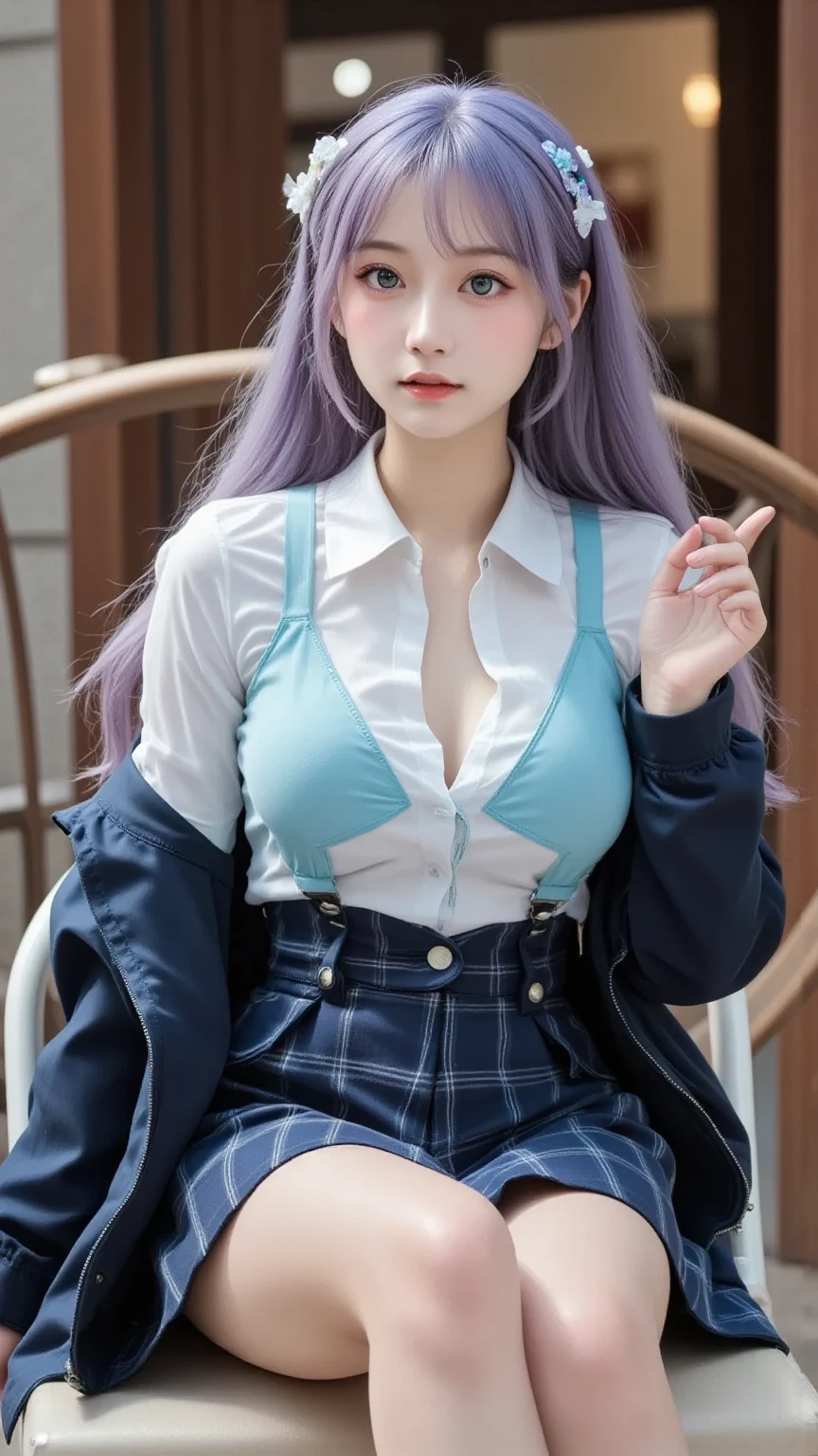a beautiful girl with a beautiful face and blue hair. She is wearing a black formal blazer and a short skirt, showcasing her medium breasts. The scene is captured in high resolution, with photo realistic details and rim lighting. The skin is highly detailed, and the image is in 8k UHD, taken with a DSLR camera. The bokeh effect adds to the beauty of the image, which is of the best quality and a true masterpiece. The girl has the best ratio of four fingers and one thumb, and she looks cute and kawaii, like an ulzzang.