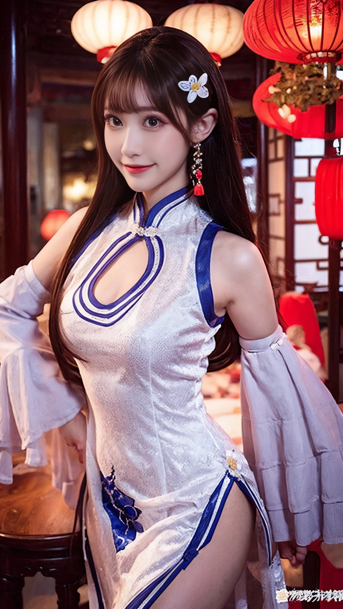 beautiful woman, Chestnut hair , Beautiful Eyes , Smile, Actual , Full HD, very beautiful dress ,Fluffy dress , curved body,Magnificent view ,Gorgeous decoration,cheongsam,中国发髻