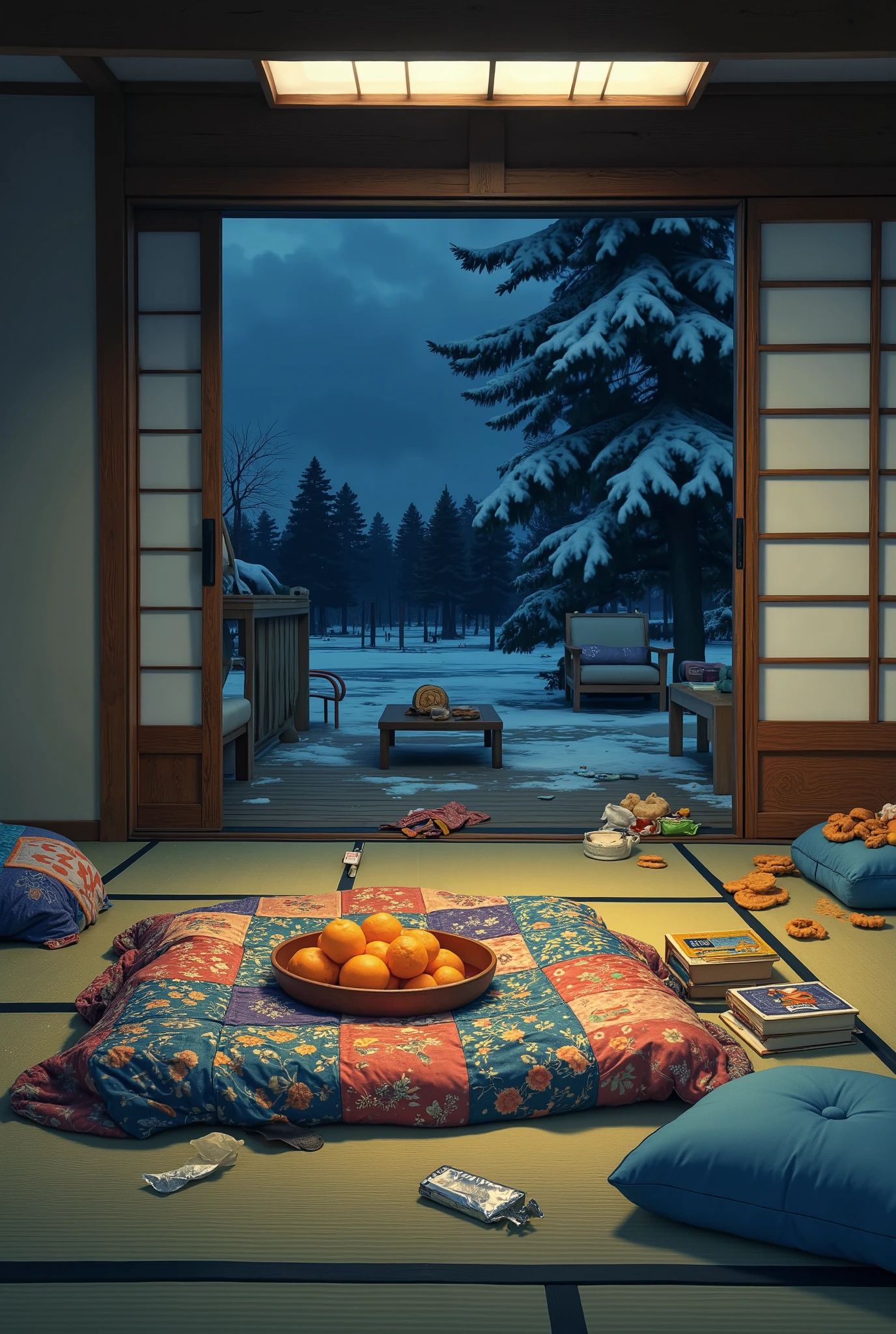 A traditional Japanese tatami living room in anime style on a winter night , illuminated with bright fluorescent ceiling lights . The thick , has a colorful quilt , are scattered . room in the center is a little cluttered and 、 cushions with a bowl of tangerines and various snacks on it , books, and a wrapper on the tatami floor . The sliding shoji door is closed .