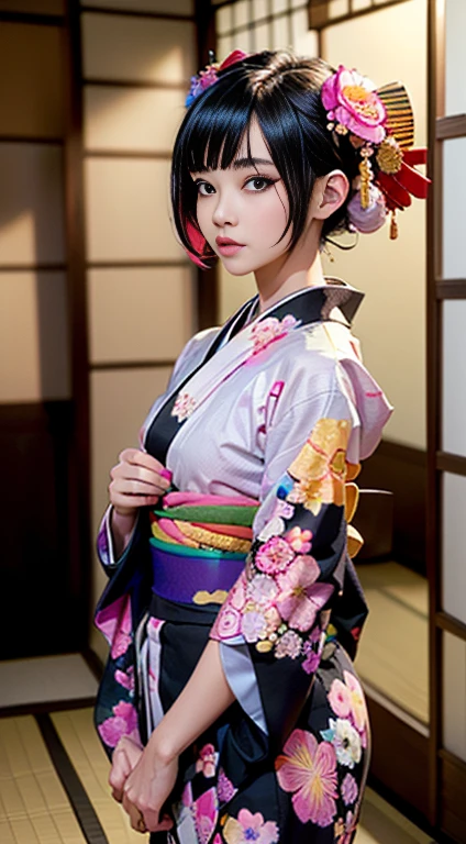 ((The background is the village of Shinobi:1.5)、Female ninja fighting in the village)、(Realistic、Like a photograph、Live Action、8k, Photorealistic, RAW Photos, Best image quality: 1.4), Single-lens reflex camera、RAW Photos, highest quality, Realistic, Highly detailed CG Unity 8k wallpaper, Written boundary depth, Cinematic Light, Lens flare, Ray Tracing, Realistic background、((waso:1.5、kimono、ninjya:1.3、kunoichi:1.4)、Sexy Ninja:1.37、Get into a fighting stance:1.3、Ninjutsu activation:1.2、Trained abdominal muscles、Cleavage、Big Breasts)、Grey Hair、short hair、Standing in the village、Night Village、((Ultra-dense skin))、 1 girl,Cute Kunoichi、((whole body:1.5)，Looking at the audience:1.1、Glare、I like that style、Pay attention to the details、The perfect outfit、(White skin)、An accurate portrait、Accurate Arm、Accurate feet、Beautiful legs、Precise thighs、Anatomically correct body、View from the front
