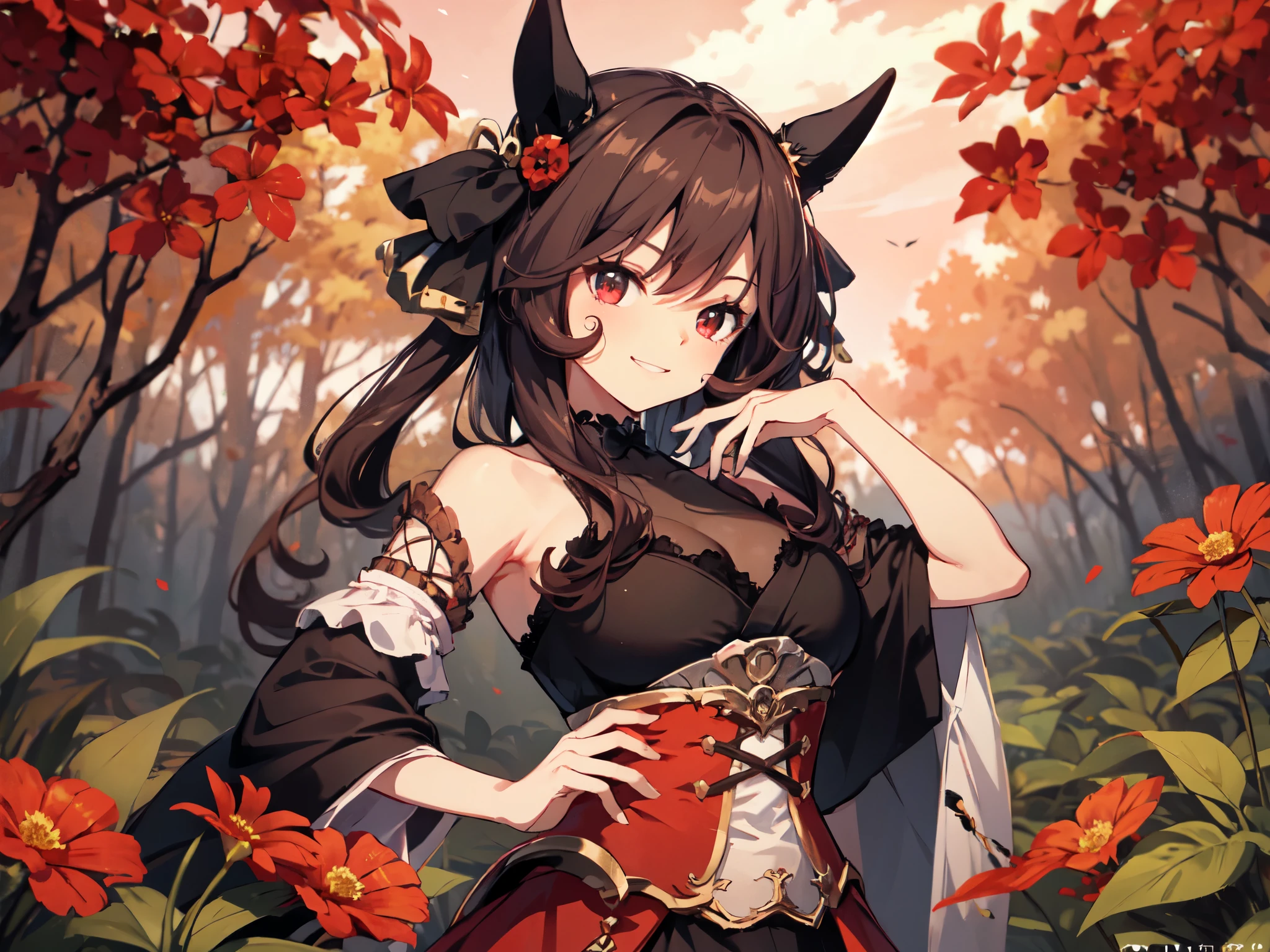 Solo, alone, oblique angle, close-up, horse ears, female ninja, Japanese-style ninja outfit, skirt, ta smile, looking at camera, pose that emphasizes large breasts, long black hair, lots of red flowers, red sky, forest