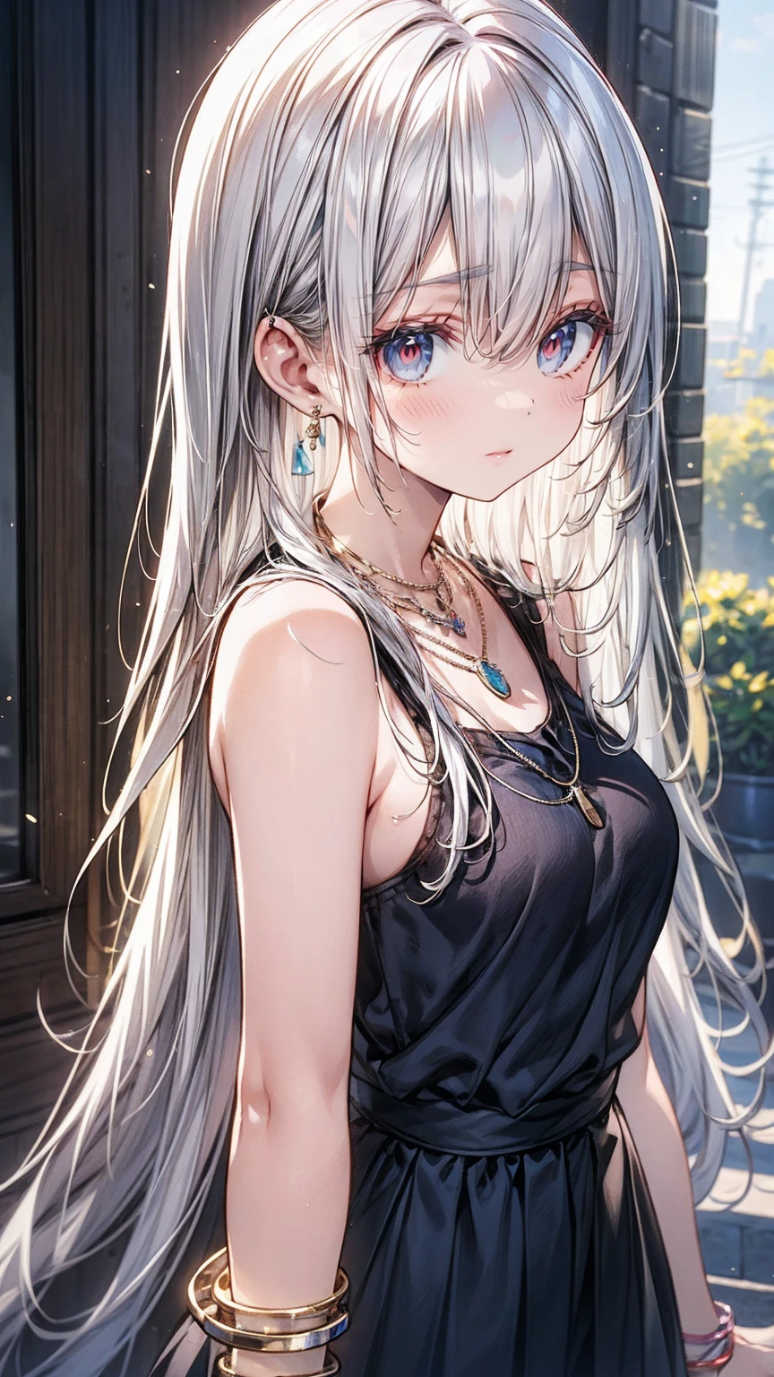 High resolution、Girl、Silver Hair、Long Hair,(),Lion ears、Grey Eyes、Slender、Toned body、Naked T-shirt,Lantern,Mansion,Put out your right shoulder,