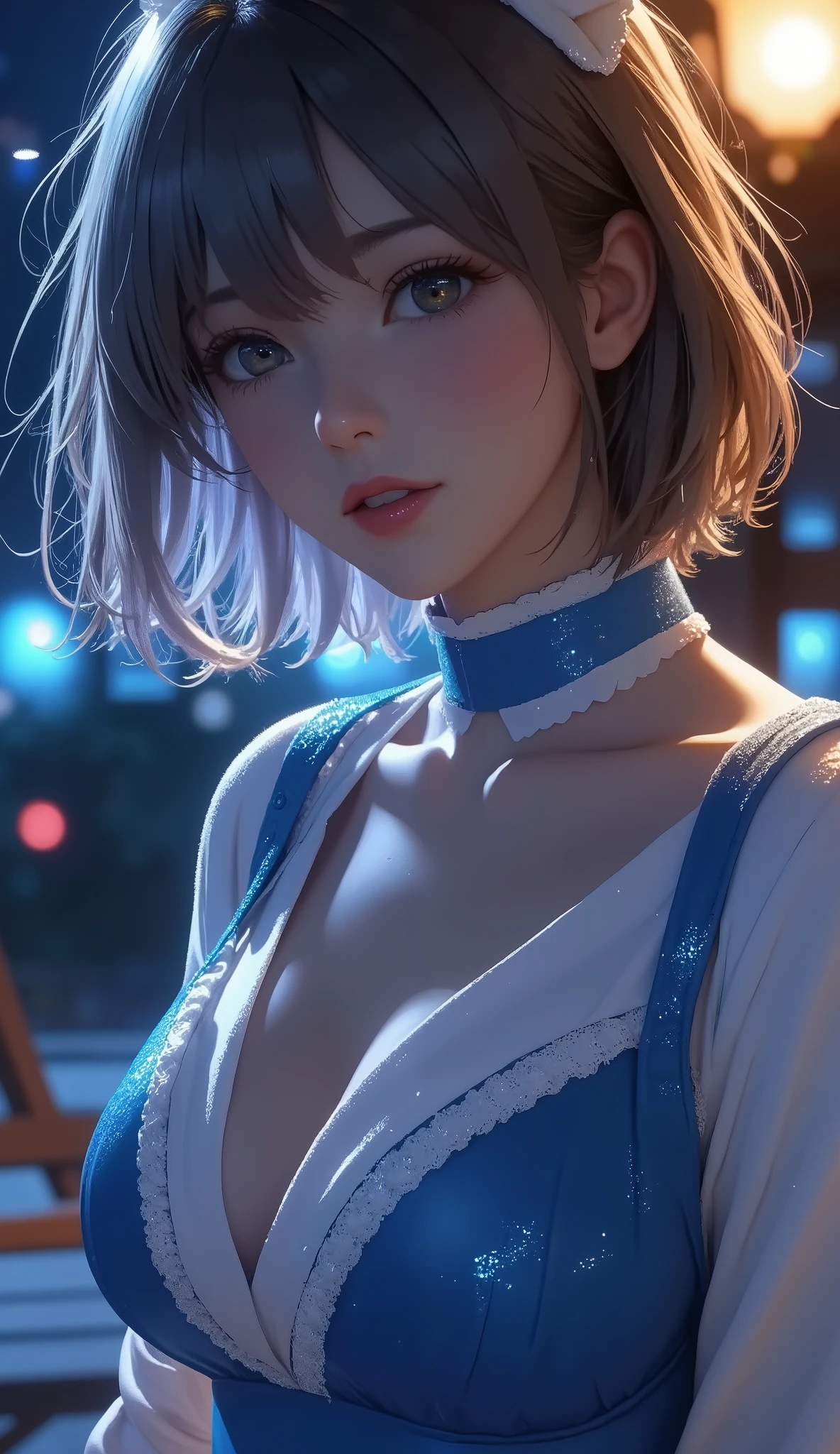 Tabletop, highest quality, night, Outdoor, 1 female, 灰色のblue eyes, Fluorescent light pink lips, cold, Severe, Sky blue, small胸,  Fascinating face、 Realistic beauty、(blue eyes: 0.8), Beautiful adult face, Soft Volume Light, (Backlight: 1.3), (Cinematic: 1.3), Intricate details, (station: 1.3), Blue-gray and blue-gray hair、Pixie shortヘア、amount、薄くthin伊達メガネ、short、small、 thin, cumin ,Straight Hair, Glasses , Turtleneck dress、skin、Stiletto Sandals、Beautiful feet、garter belt、((Big Breasts、smallお尻))、(fullshot:1.2), (Light Intensity:-0.5)、Realistic depiction