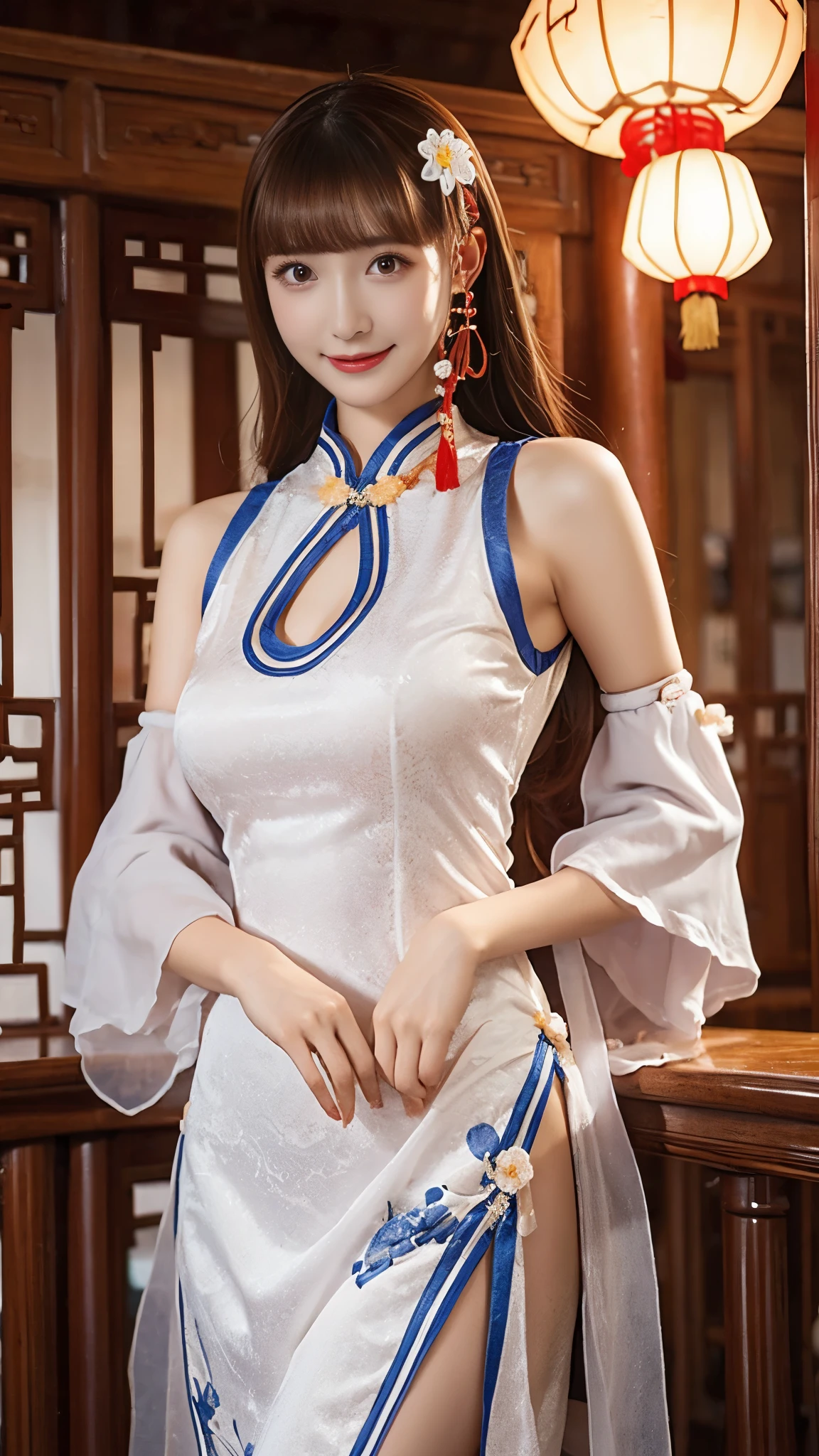 beautiful woman, Chestnut hair , Beautiful Eyes , Smile, Actual , Full HD, very beautiful dress ,Fluffy dress , curved body,Magnificent view ,Gorgeous decoration,cheongsam,中国发髻