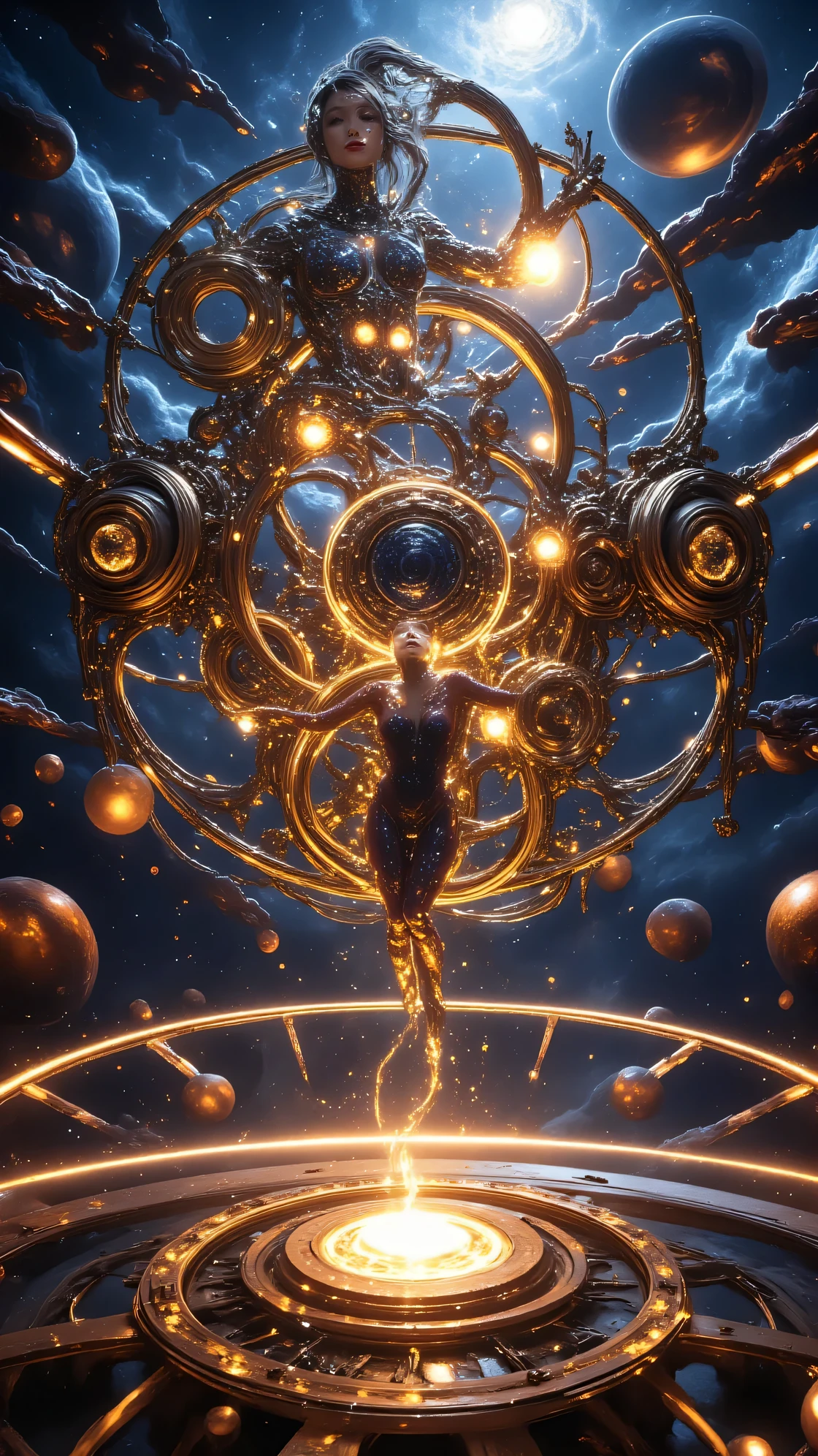 A mesmerizing and dynamic scene of a woman floating gracefully at the center of an enormous, glowing clock face suspended in the void of space. She is dressed in a sleek, futuristic silver bodysuit adorned with intricate patterns of gears, constellations, and sandglass motifs that shimmer faintly as they catch the light. Her presence exudes power and elegance, with her outstretched hand delicately turning the colossal clock hands, as if commanding the flow of time itself.
Her luminous silver hair flows weightlessly, rippling with energy, and her piercing eyes glow with a soft, golden light, symbolizing her connection to the fabric of time. Around her, massive, semi-transparent gears slowly rotate in perfect harmony, their edges emitting trails of glowing particles that fade into the surrounding void. Each rotation of the gears creates a ripple effect in the air, visualizing the shifting flow of time as vibrant, concentric waves of light.
The clock face beneath her is intricately detailed, with glowing numbers and delicate engravings depicting ancient symbols of time. The surface pulses faintly, as if alive, reacting to her movements. Surrounding the clock, fragments of clockwork—gears, pendulums, and rotating cogs—float effortlessly, defying gravity and creating a surreal, dreamlike atmosphere.
The background is an infinite expanse of deep cosmic blues and purples, scattered with twinkling stars and swirling nebulae. A faint spiral galaxy looms in the distance, casting a subtle glow that blends with the vibrant golden and silver tones of the scene. Streams of light and energy swirl around her, connecting the gears and clockwork elements in a complex, luminous web.
The composition emphasizes her commanding figure at the center of the clock, with her dynamic pose and flowing hair drawing the viewer’s eye. The interplay of glowing gears, rippling light trails, and the vast, cosmic background creates a scene filled with motion, elegance, and timeless power. Ultra-de
