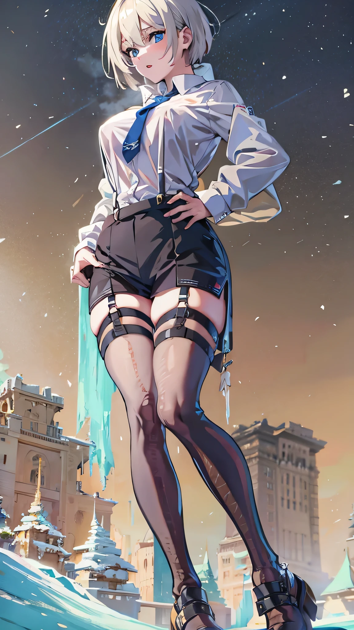 Top Quality , Masterpiece, 4K, 1 girl, suspenders only, Ice and snow world, Face Details , I waved ., Alone, skinny, short hair while on a business trip, looking at camera ,ネイキッドoutcrop 。outcrop , Super Sexy ,V-neck, Super Real , Full Body High Resolution Images。