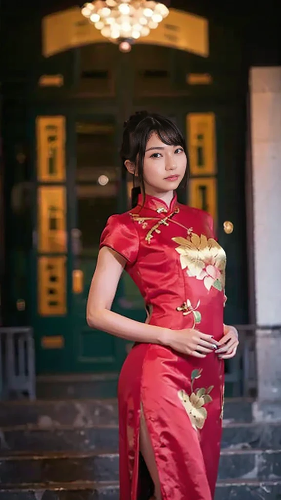A woman wearing a Chinese dress、She is posing with a traditional Chinese garden as a backdrop。There are red lanterns and bamboo in the background.、Let the elegance and beauty of a woman shine through。