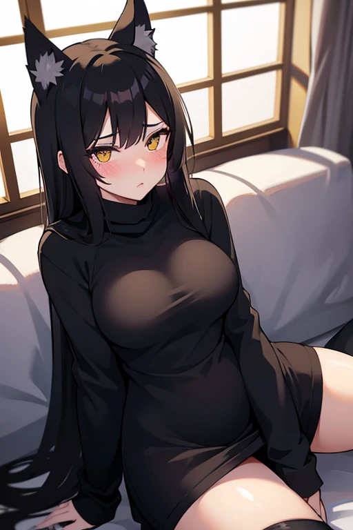 Digital Art, Digital Illustration, Ultra-detailed, beautiful image, Sharp Image, a close up of a woman in a short skirt and a black sweater, sweater tucked into skirt, nylon tights, trending at cgstation, anime barbie doll, sweater tucked into skirt, trending on cgstation, anime girl in real life, anime vtuber full body model, ((black hair color)),((dark tanned skin)), (((golden eyes))), ( 16 years old), (round breasts), on bed